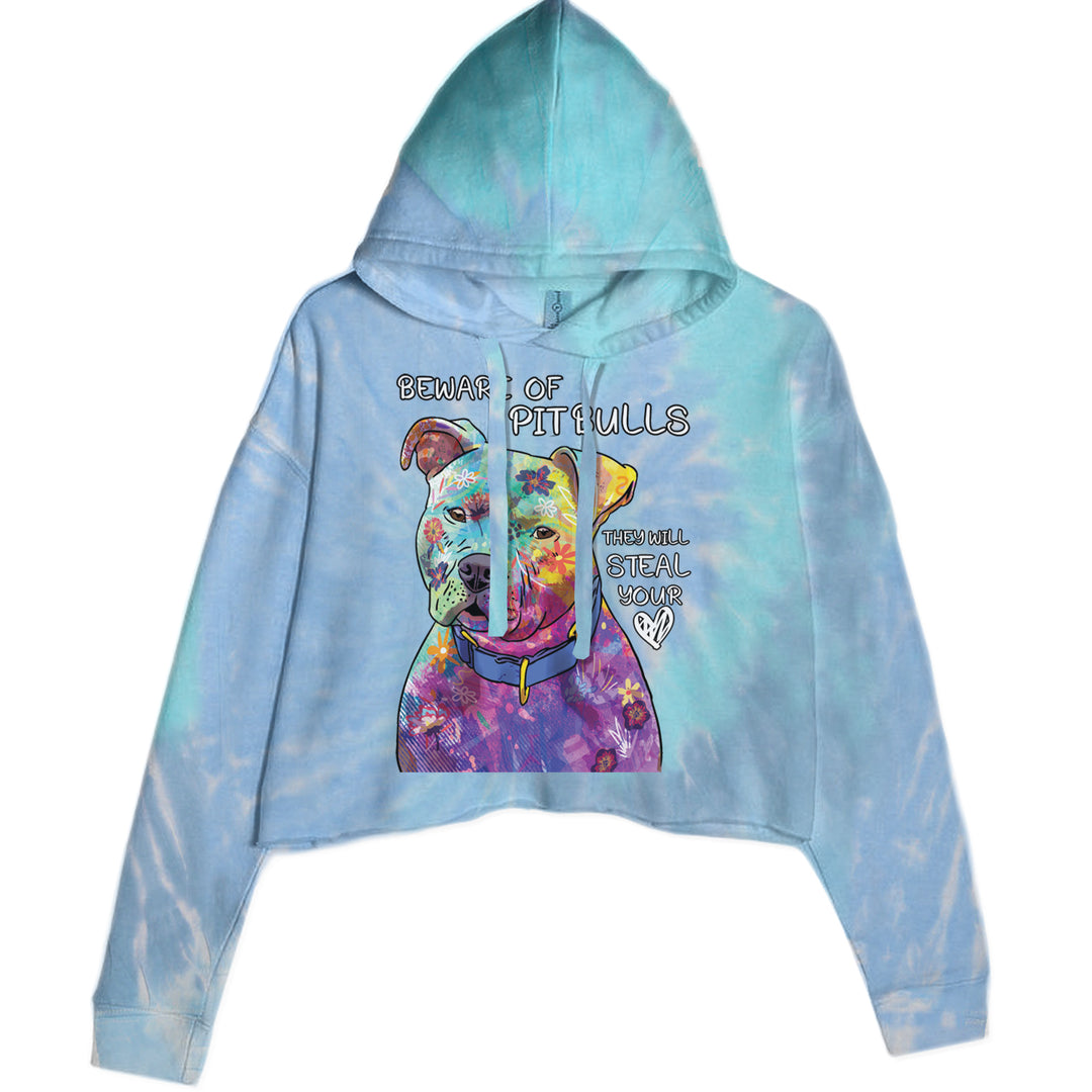 Beware Of Pit Bulls, They Will Steal Your Heart  Cropped Hoodie Sweatshirt Blue Clouds