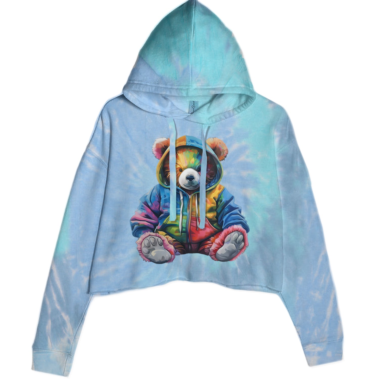 Rainbow Streetwear Urban Graffiti Bear Cropped Hoodie Sweatshirt Blue Clouds