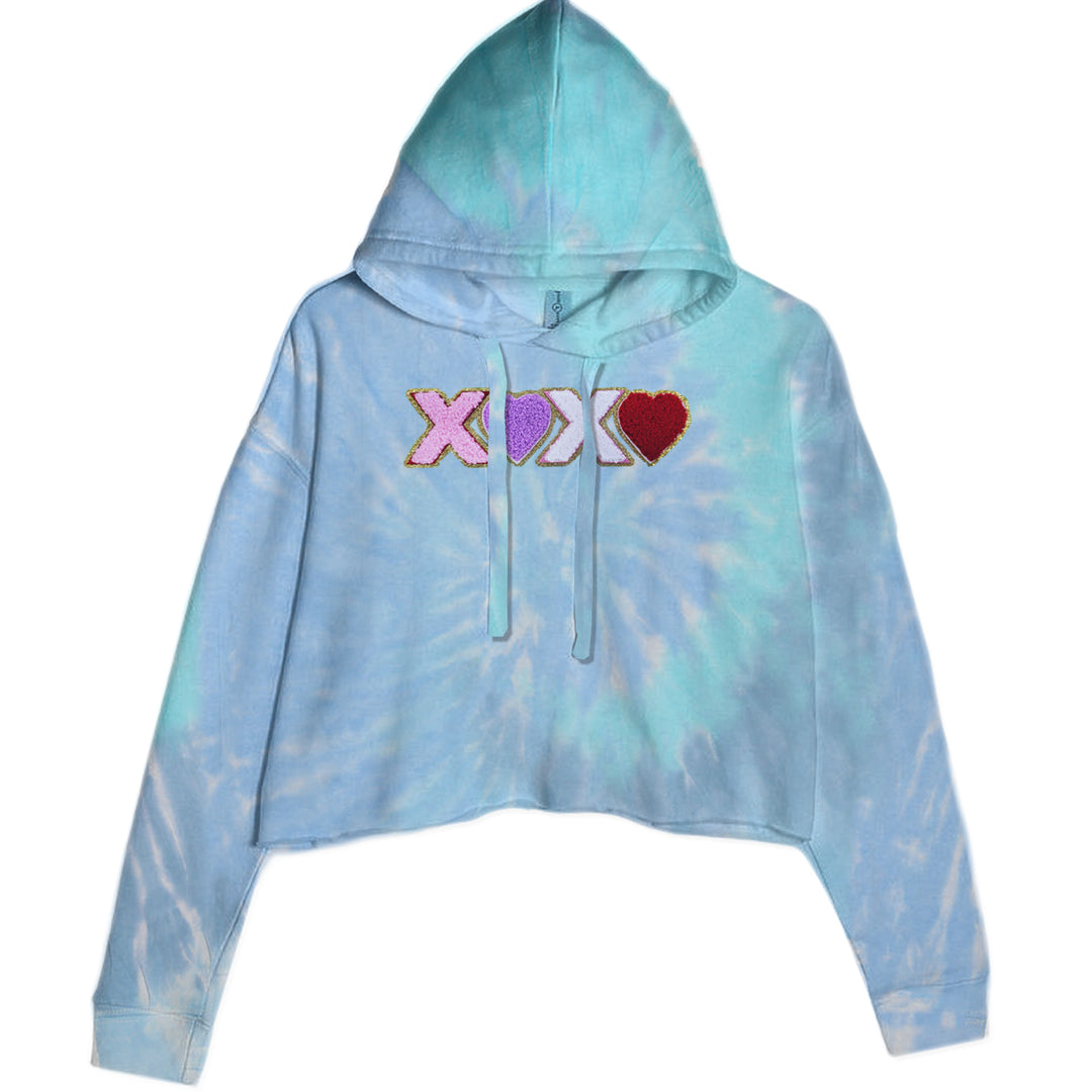XOXO Chenille Patch Valentines Days Cropped Hoodie Sweatshirt Blue Clouds