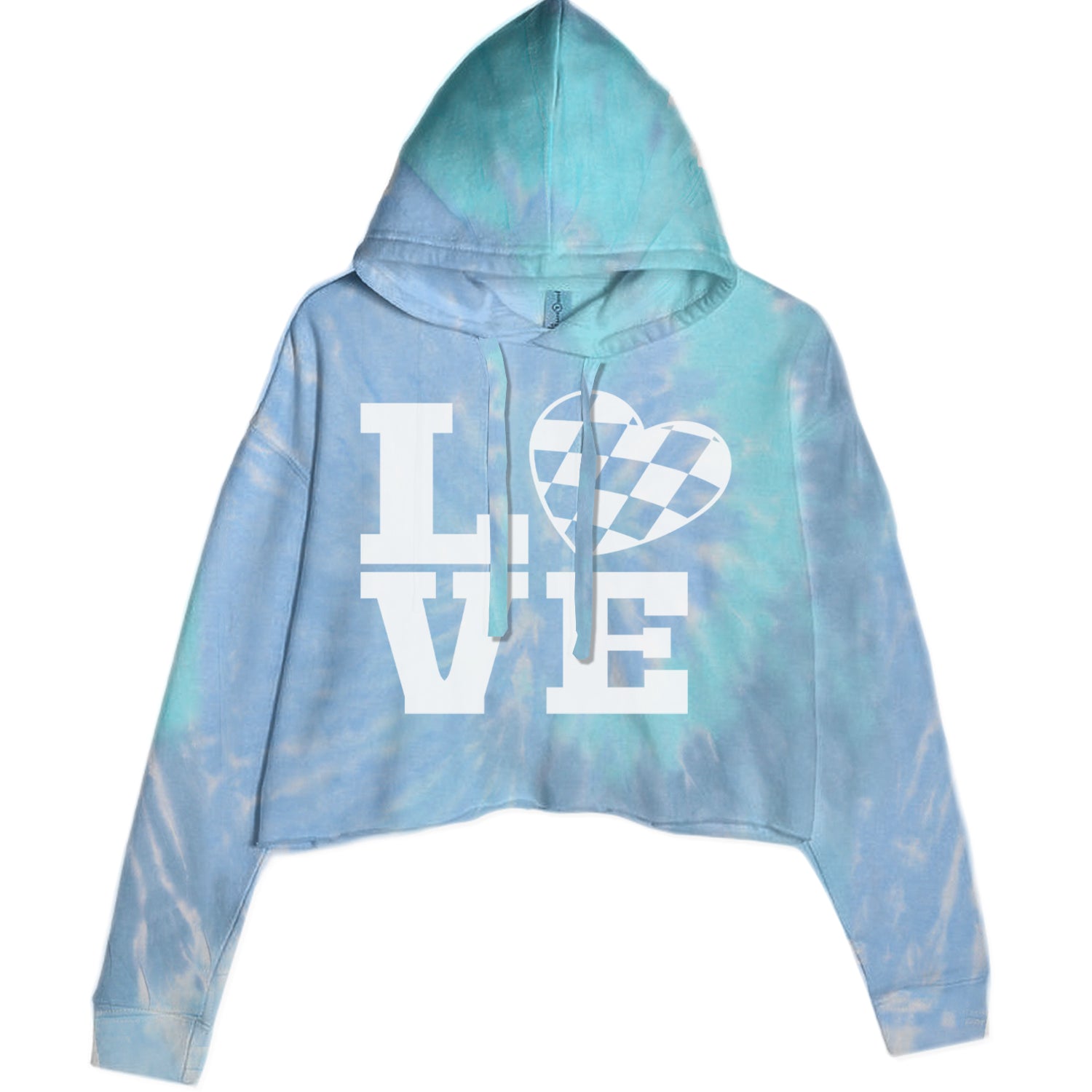 Love Racing Checkered Flag Heart Cropped Hoodie Sweatshirt Blue Clouds