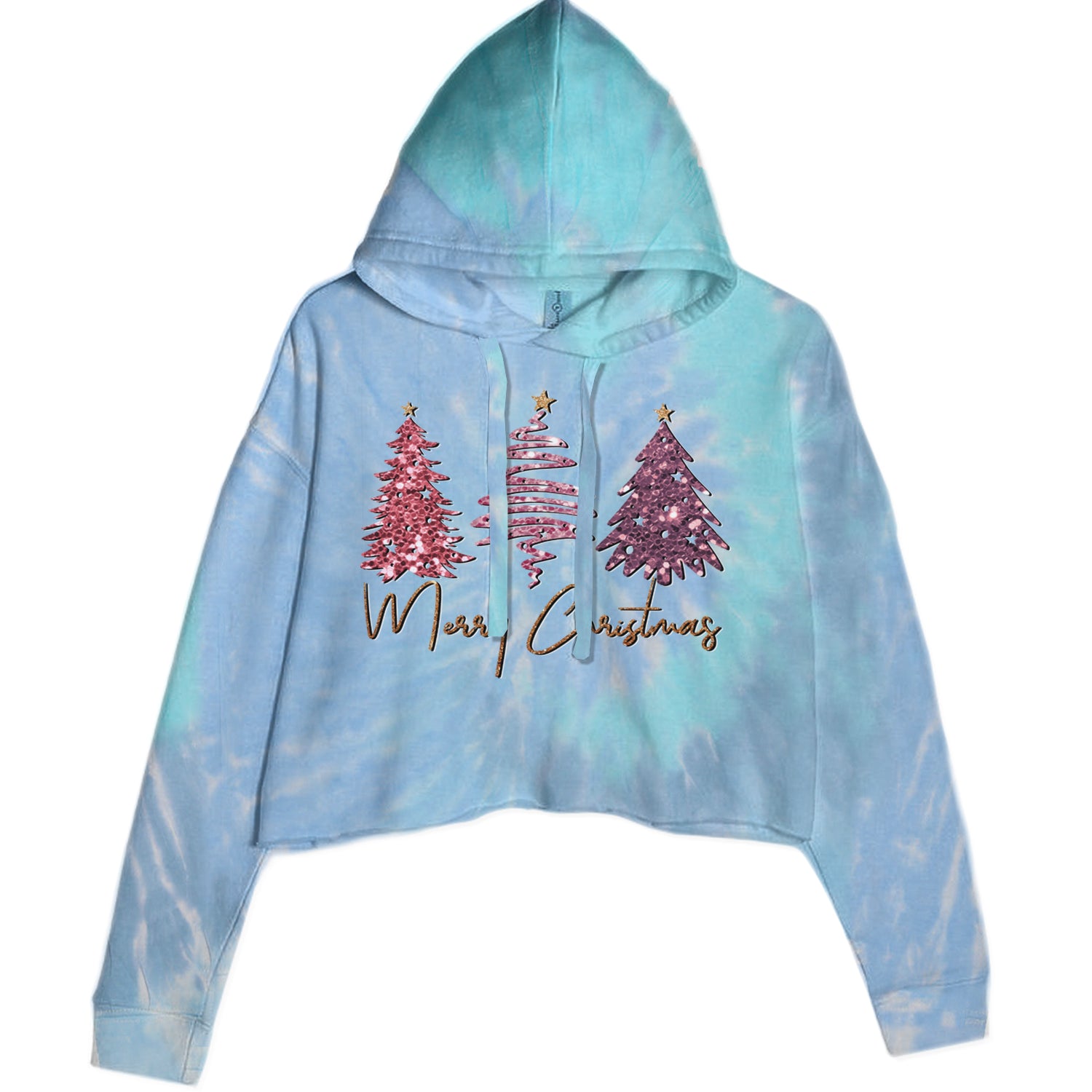 Merry Christmas Faux Glitter Trees Cropped Hoodie Sweatshirt Blue Clouds