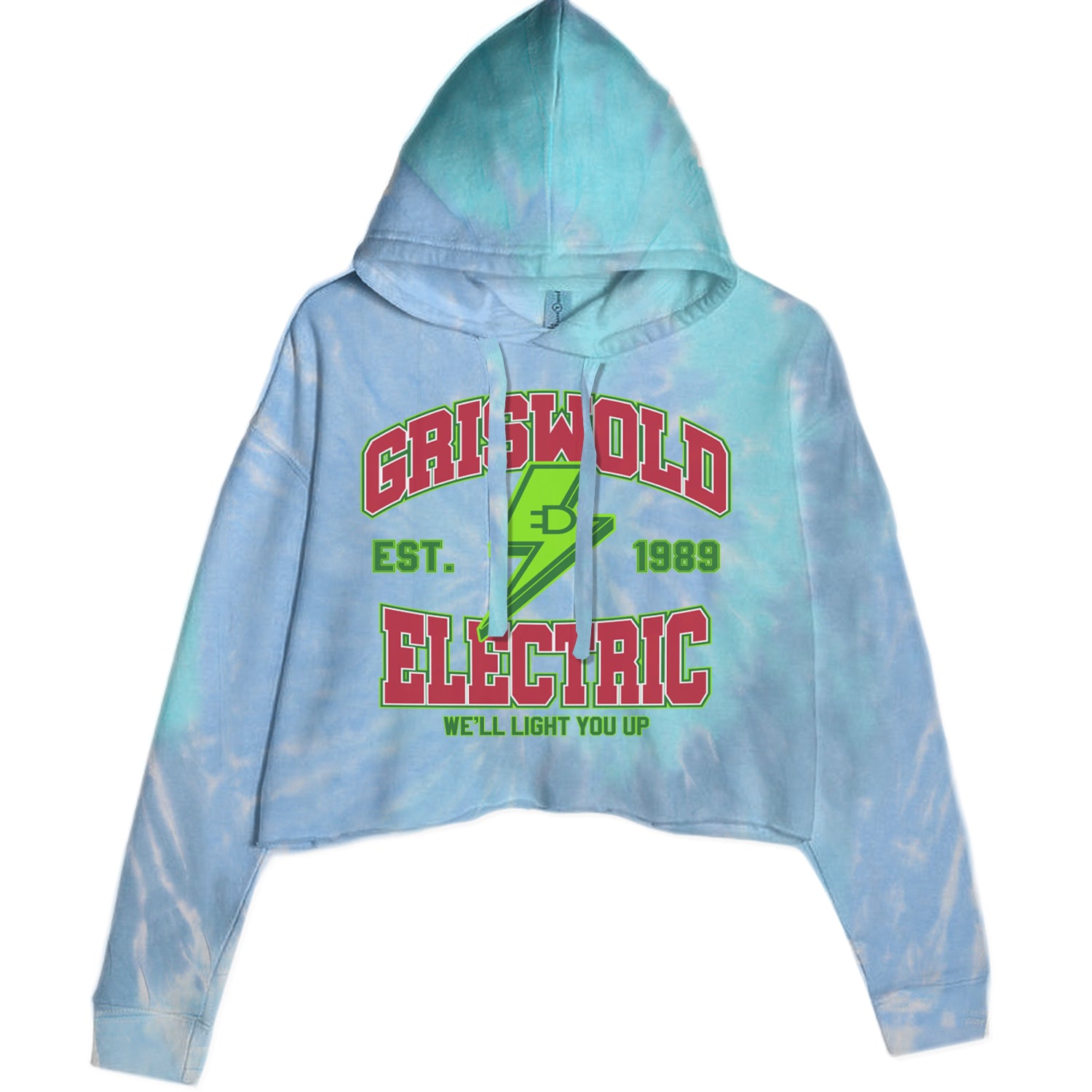 Griswold Electric We'll Light You Up Cropped Hoodie Sweatshirt Blue Clouds