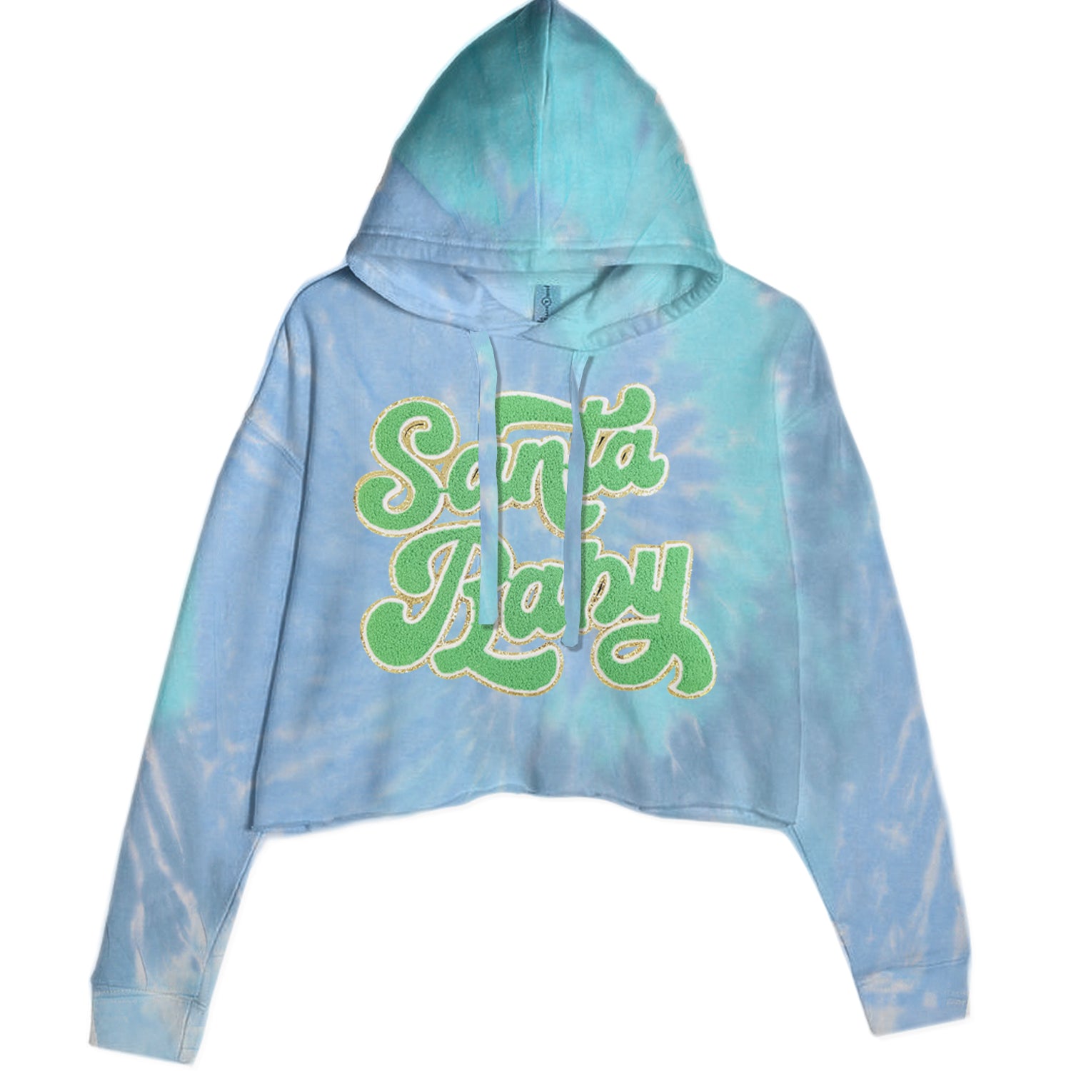 Green Santa Baby Chenille Patch Cropped Hoodie Sweatshirt Blue Clouds