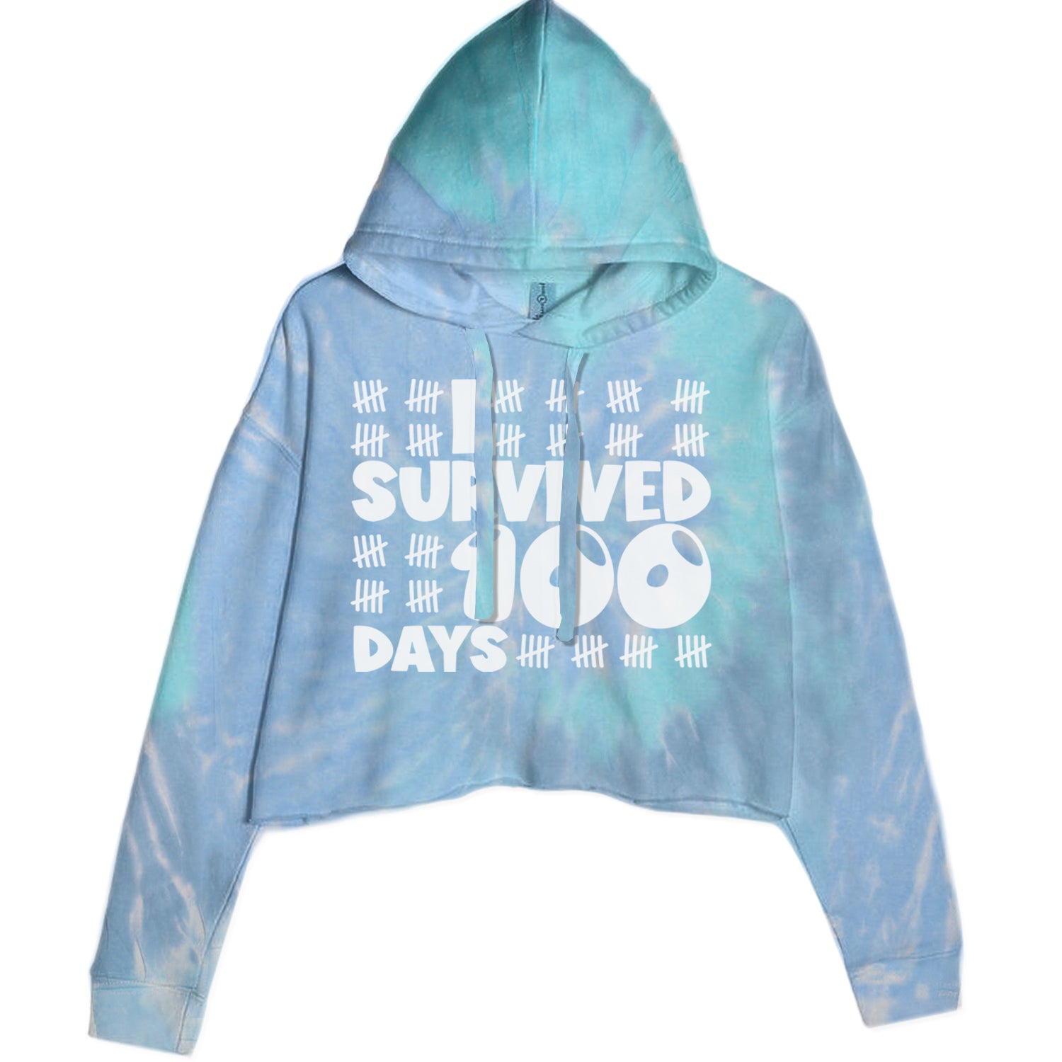 I Survived 100 Days Tally Marks Cropped Hoodie Sweatshirt Blue Clouds