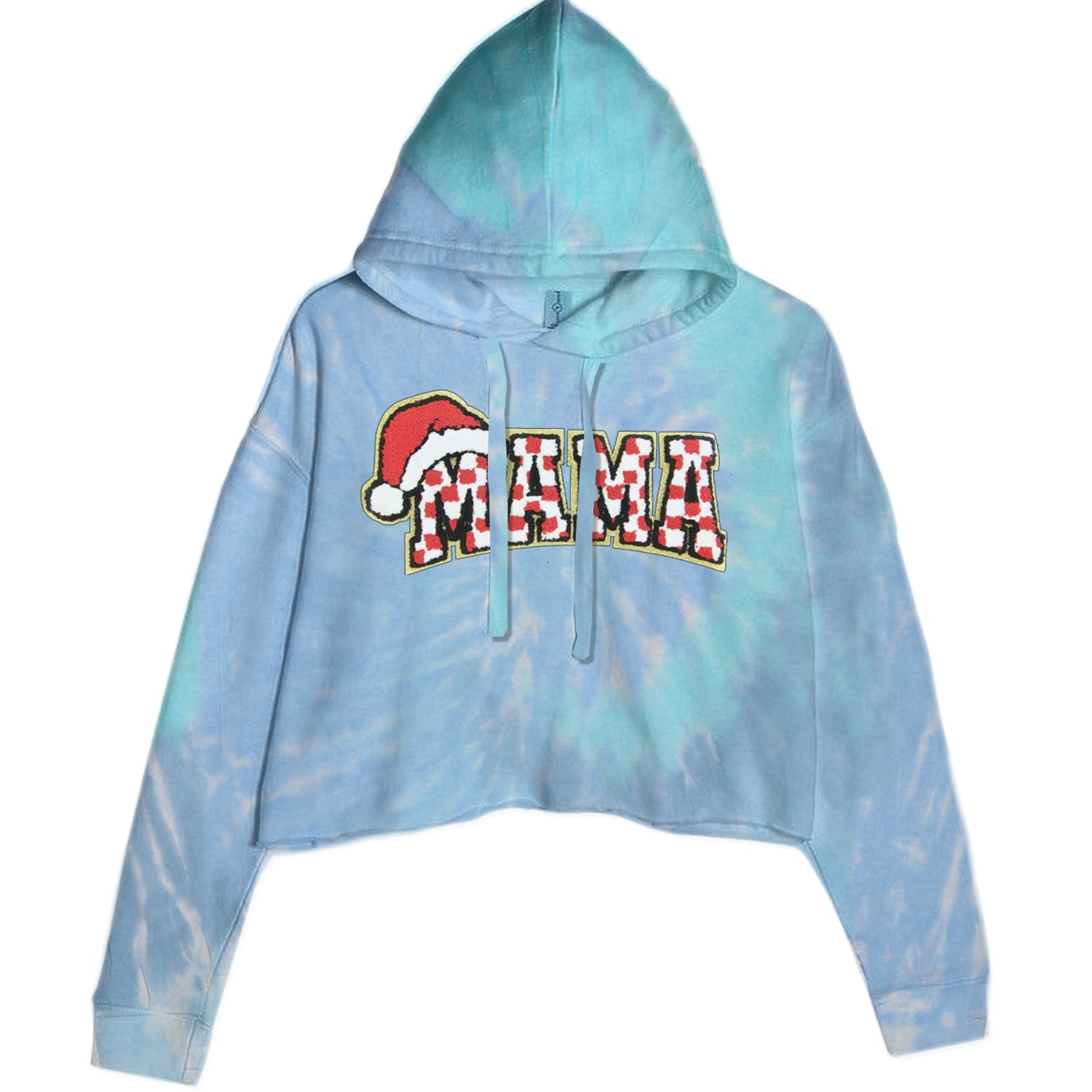 Mama Santa Hat Chenille Patch Cropped Hoodie Sweatshirt Blue Clouds