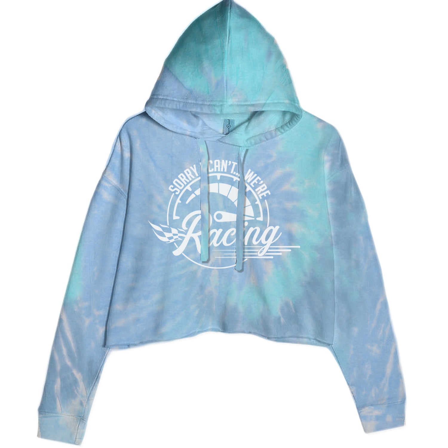 Sorry I Can't, We're Racing Cropped Hoodie Sweatshirt Blue Clouds