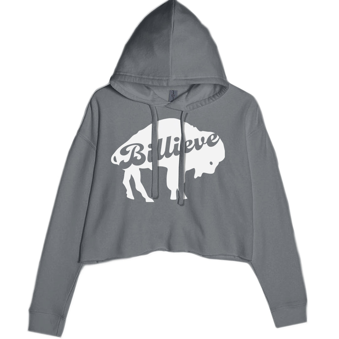 Women's cropped fleece hoodie with a bold buffalo silhouette and the word "Billieve" inside