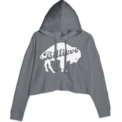 Women's cropped fleece hoodie with a bold buffalo silhouette and the word "Billieve" inside
