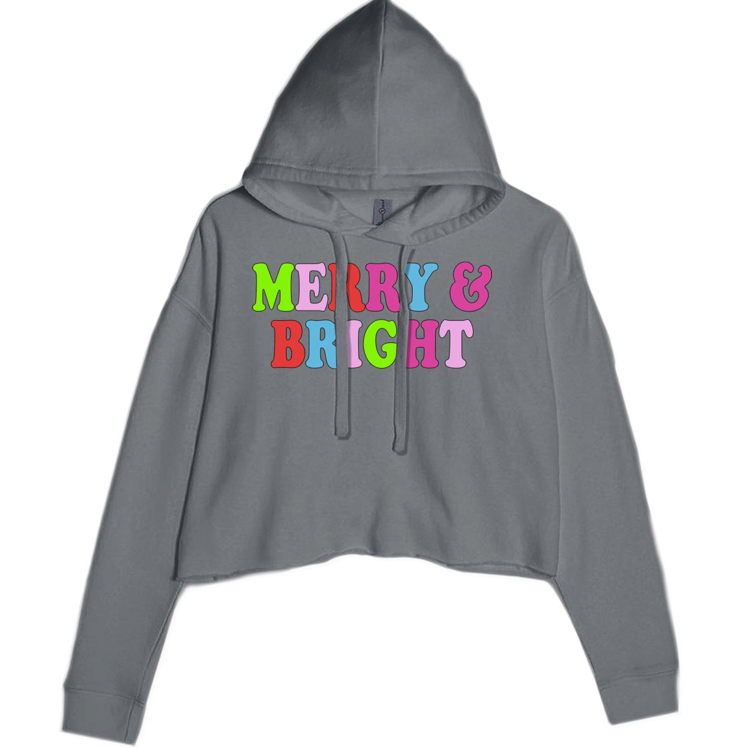 Merry and Bright Festive Christmas Holiday Cropped Hoodie Sweatshirt Charcoal Grey