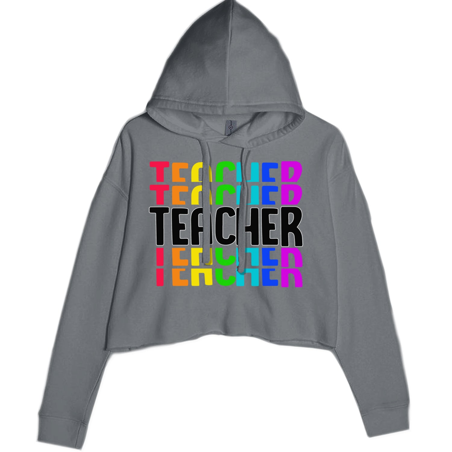 Teacher Repeated Rainbow Pattern Cropped Hoodie Sweatshirt Charcoal Grey