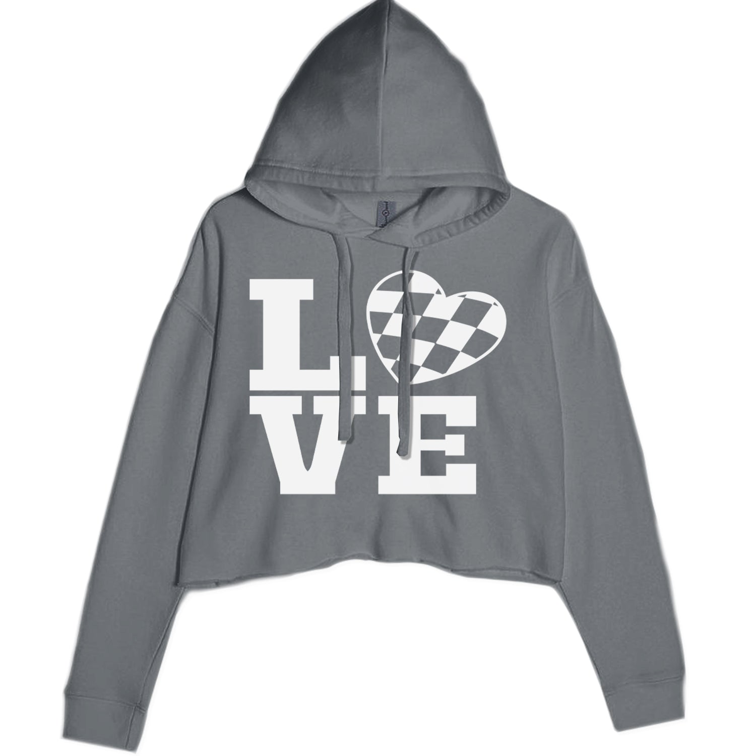 Love Racing Checkered Flag Heart Cropped Hoodie Sweatshirt Black