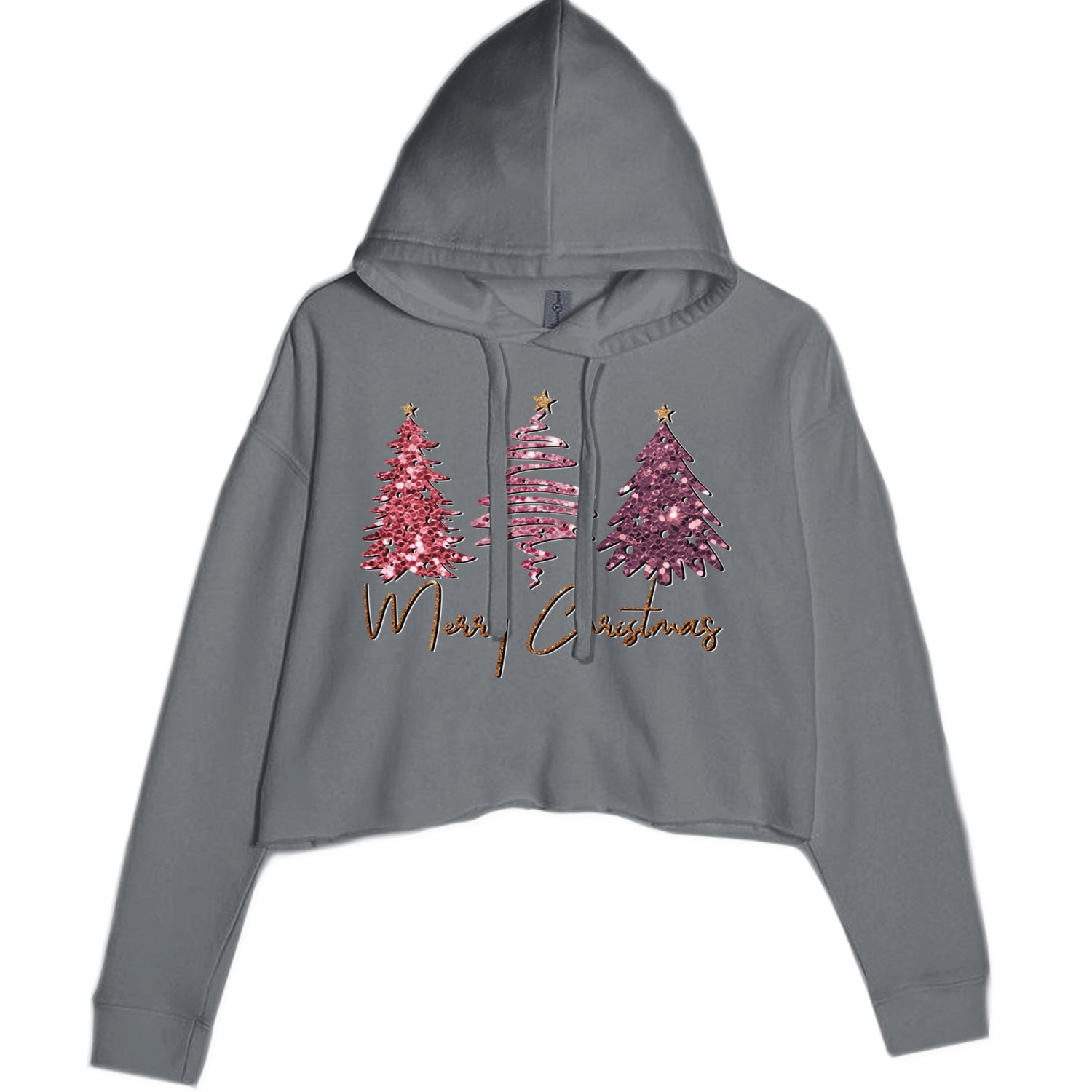 Merry Christmas Faux Glitter Trees Cropped Hoodie Sweatshirt Charcoal Grey