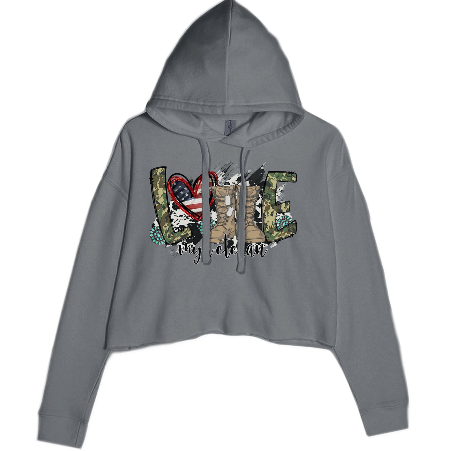 Love My Veteran Honor Veterans Day Cropped Hoodie Sweatshirt Charcoal Grey