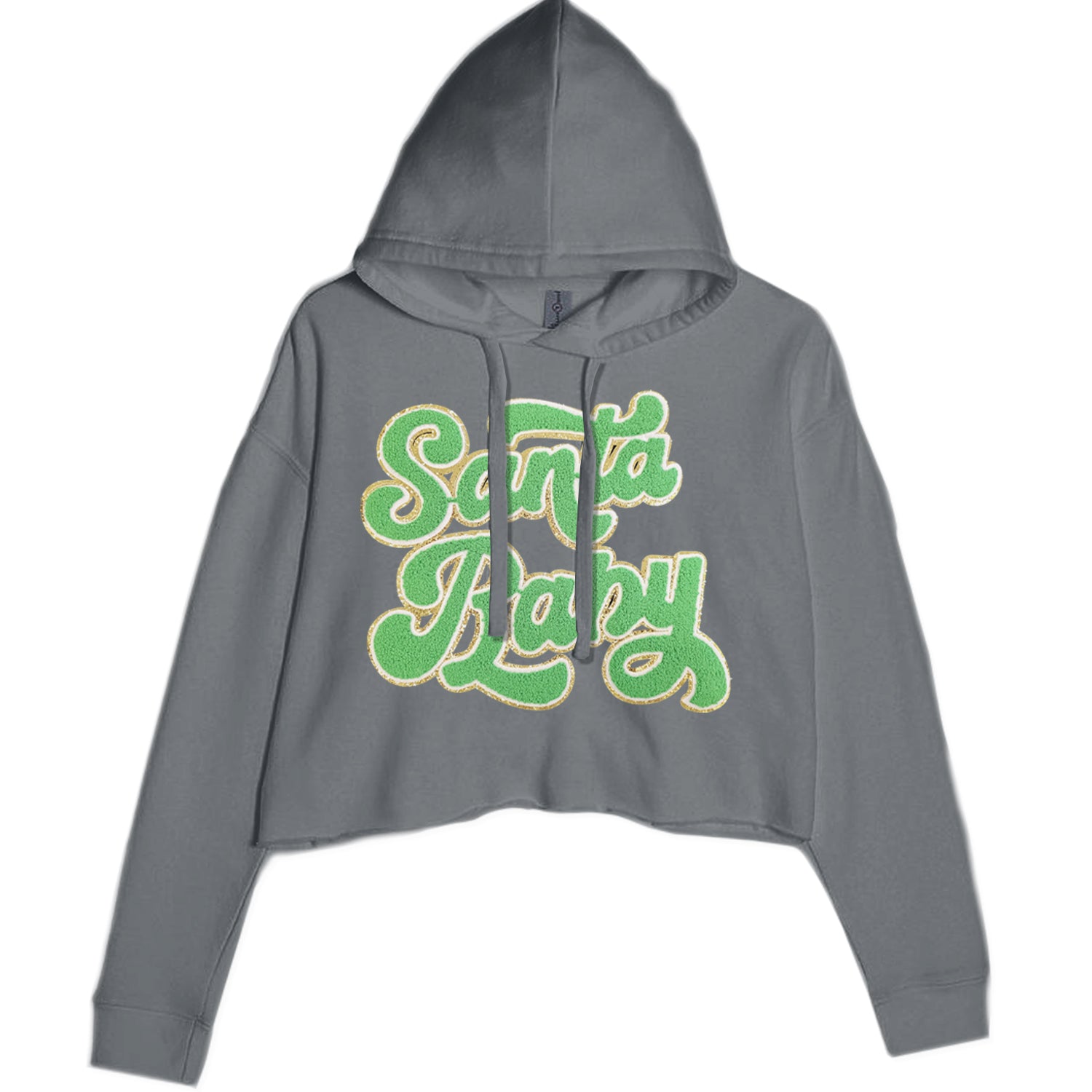 Green Santa Baby Chenille Patch Cropped Hoodie Sweatshirt Black