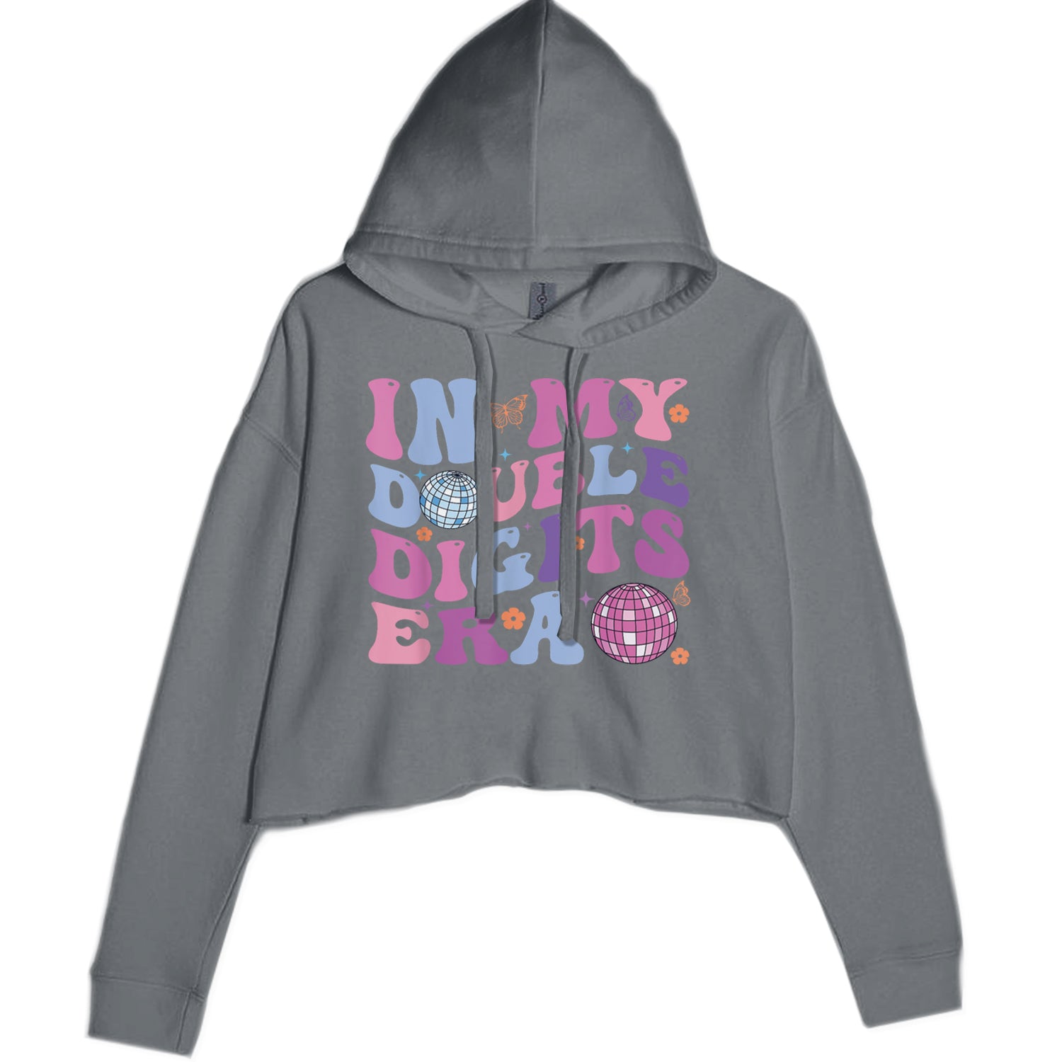 In My Double Digits Era Retro 10 Year Old 10th Birthday Cropped Hoodie Sweatshirt Charcoal Grey