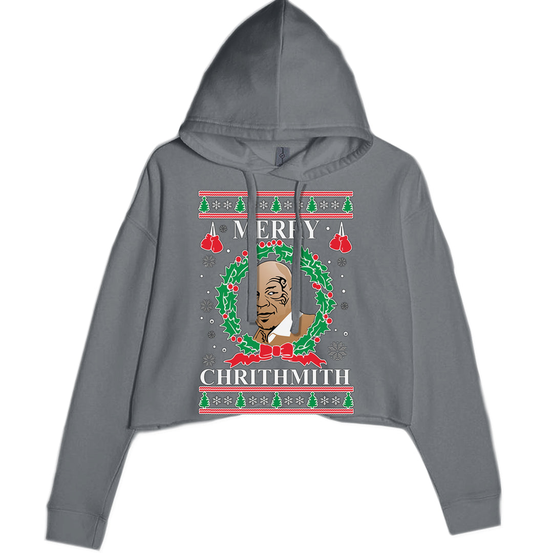 Merry Chrithmith Ugly Christmas Cropped Hoodie Sweatshirt Charcoal Grey