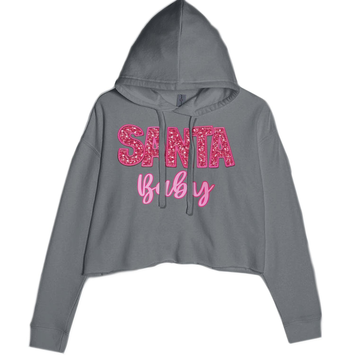 Santa Baby Faux Patch and Sequins Cropped Hoodie Sweatshirt Charcoal Grey