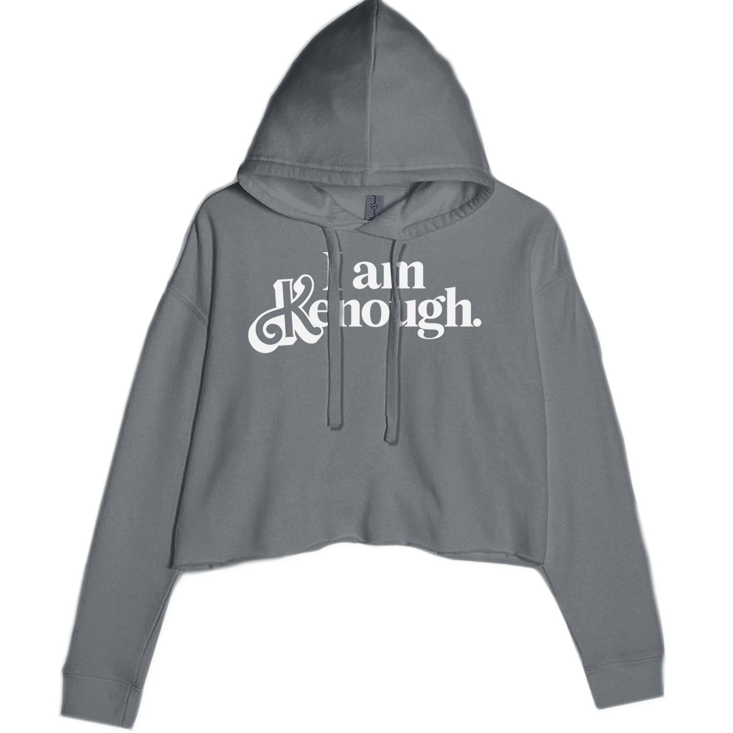 I Am Kenough White Print Cropped Hoodie Sweatshirt Charcoal Grey