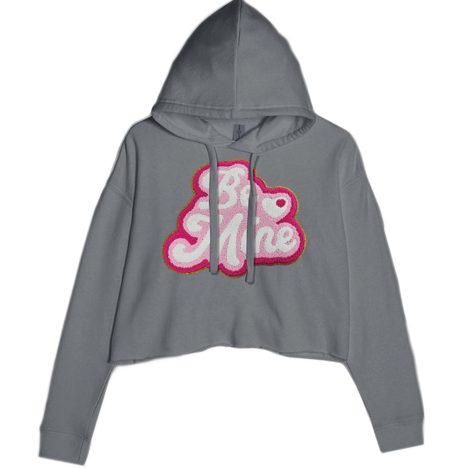 Be Mine Chenille Patch Valentines Days Cropped Hoodie Sweatshirt Charcoal Grey