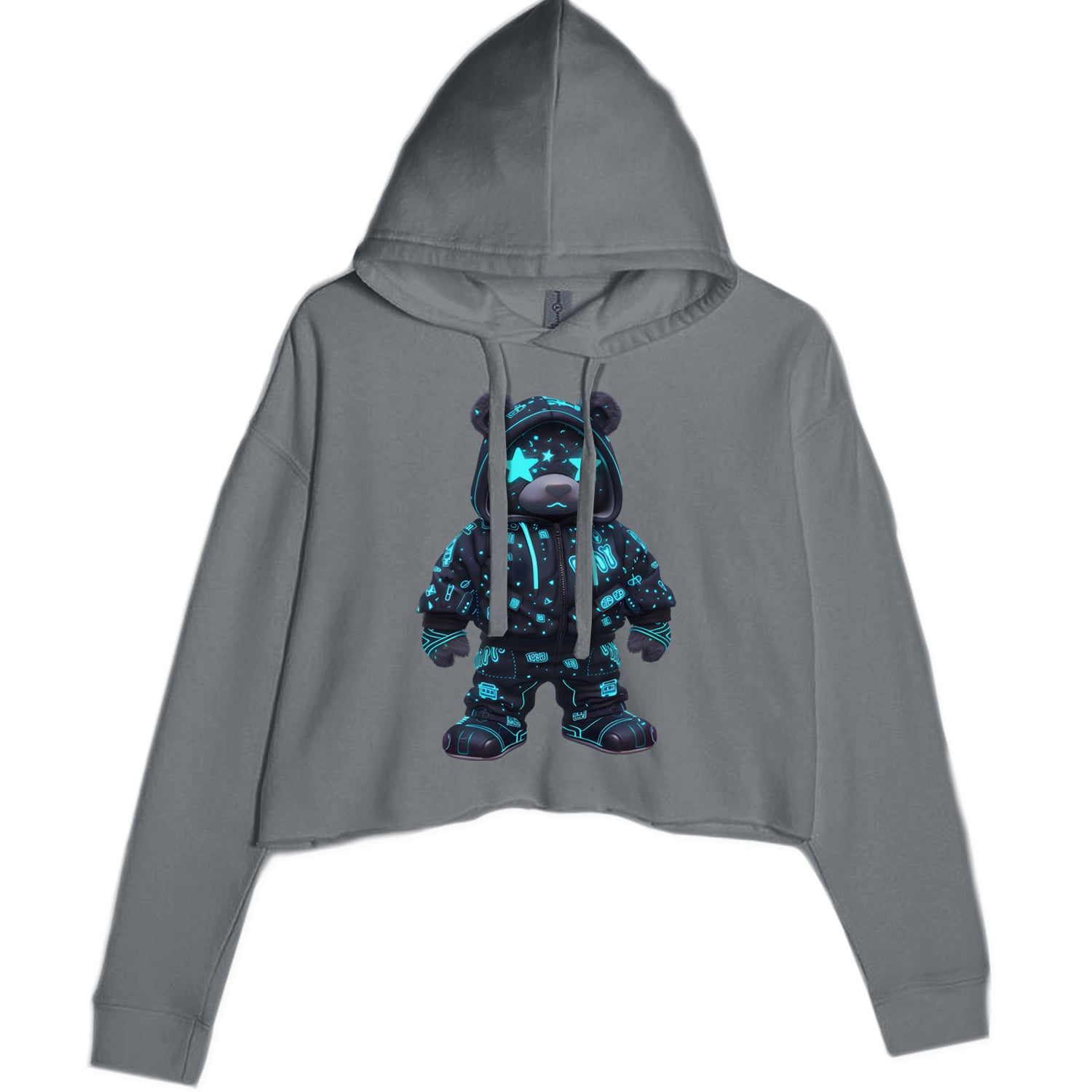 Starry Eyed Vaporwave Urban Graffiti Bear Cropped Hoodie Sweatshirt Black