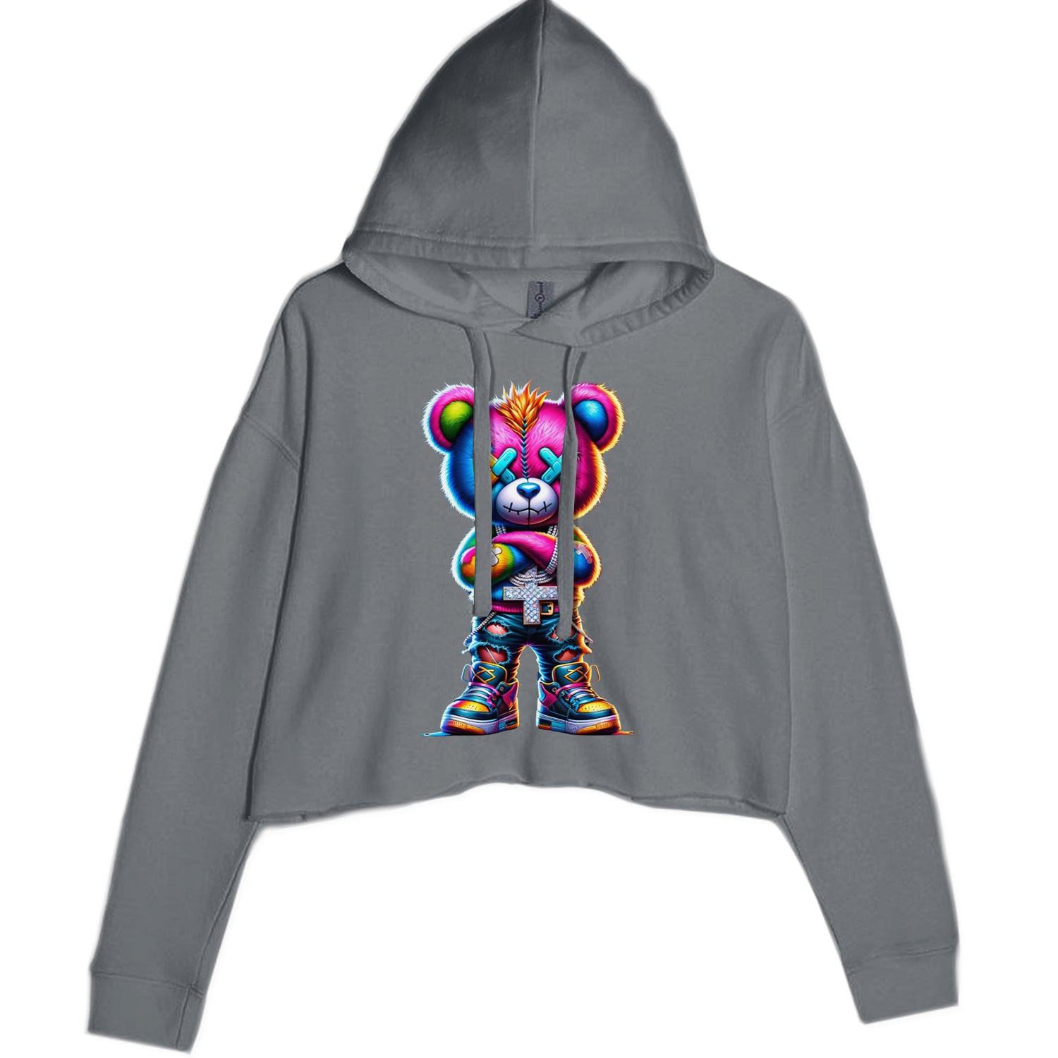 Stitched Neon Urban Graffiti Bear Cropped Hoodie Sweatshirt Charcoal Grey