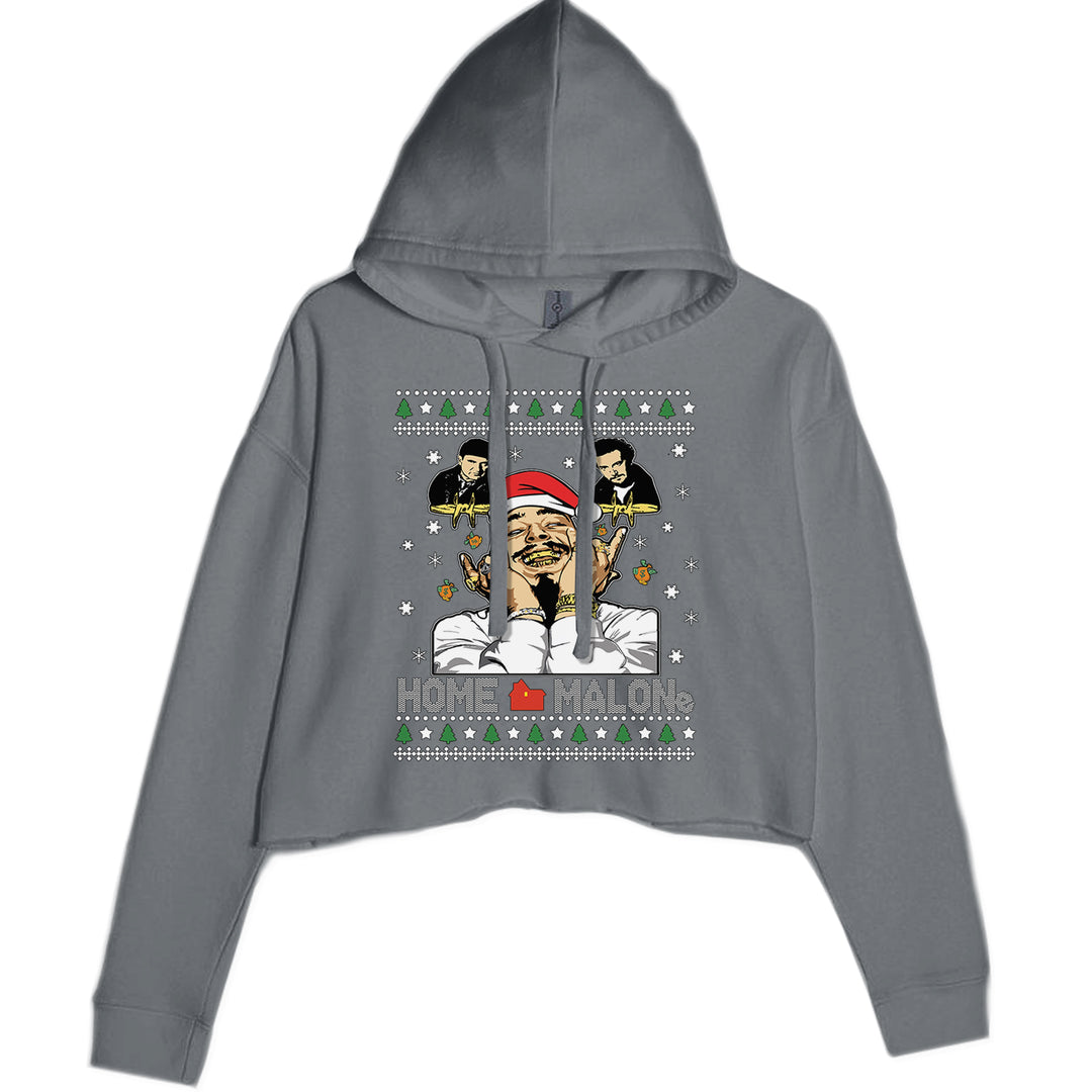 Home Malone Ugly Christmas graphic on Women's Cropped Fleece Hoodie in Charcoal Grey