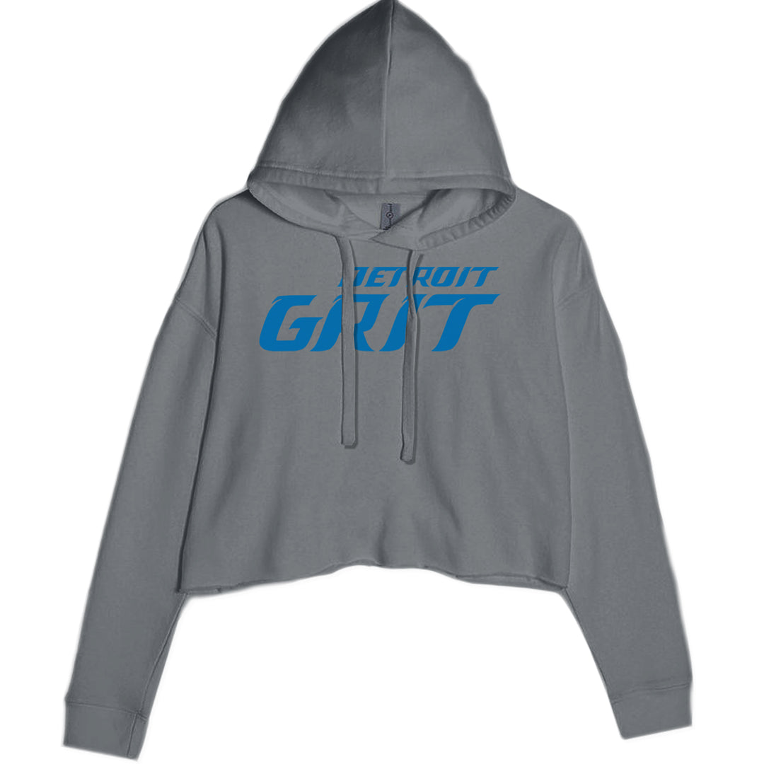 Women's cropped fleece hoodie with bold "Detroit Grit" text, two-panel hood with flat drawcord and raw-edge waist hem