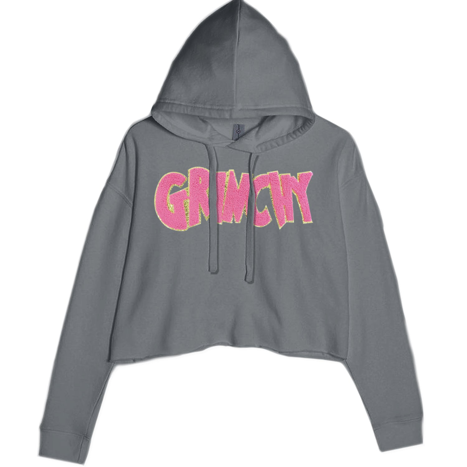 Pink Gr-nchy Chenille Patch Cropped Hoodie Sweatshirt Black