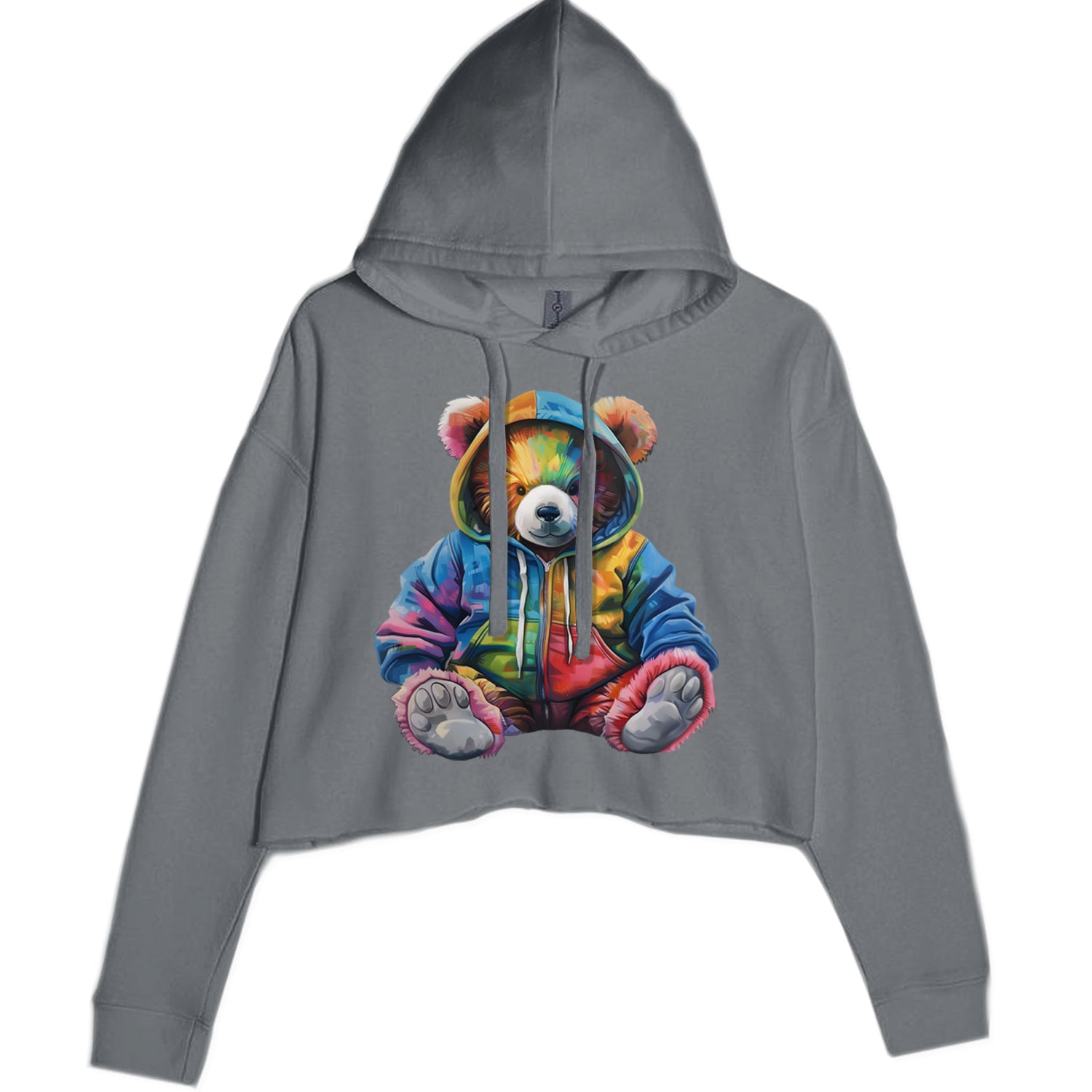 Rainbow Streetwear Urban Graffiti Bear Cropped Hoodie Sweatshirt Charcoal Grey