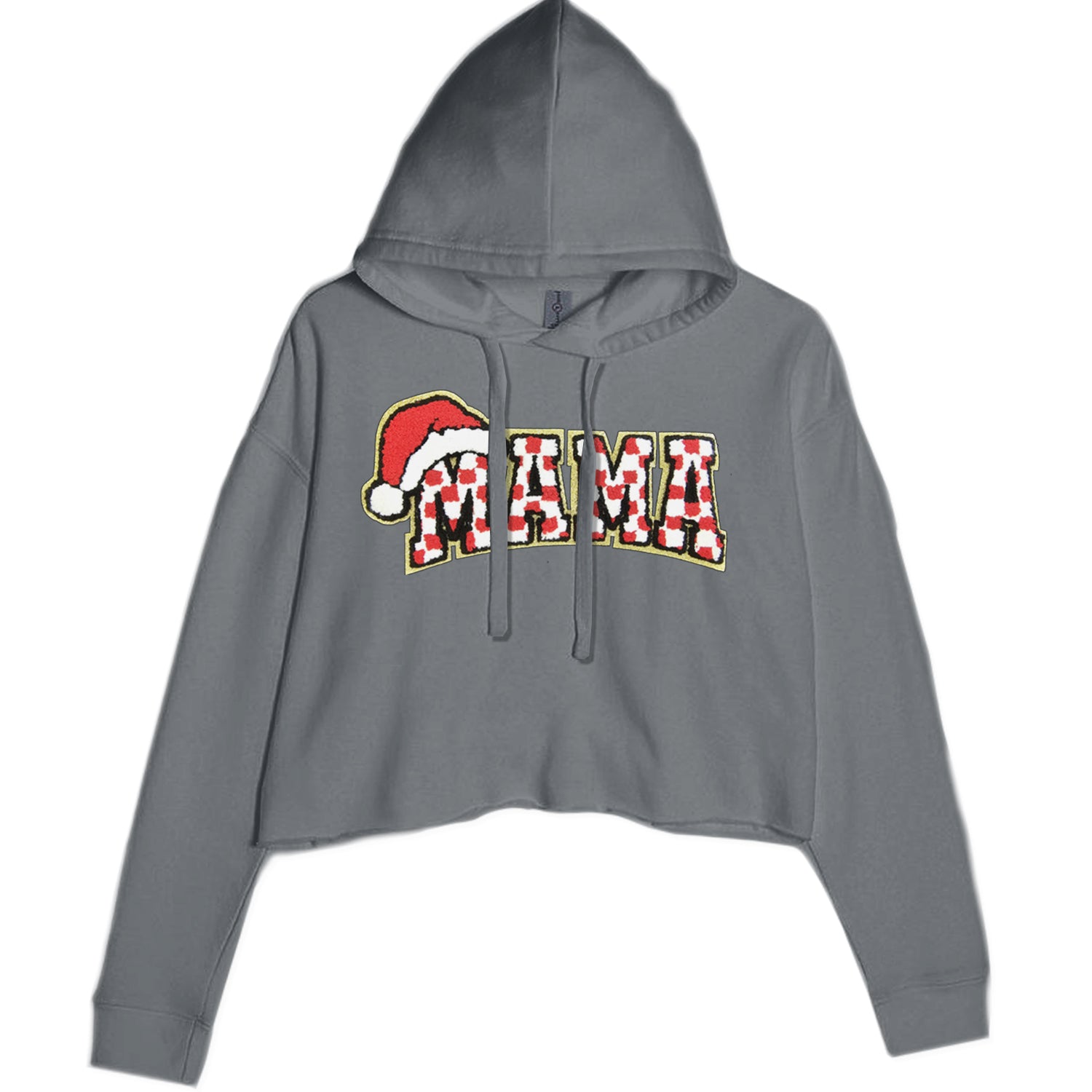 Mama Santa Hat Chenille Patch Cropped Hoodie Sweatshirt Black