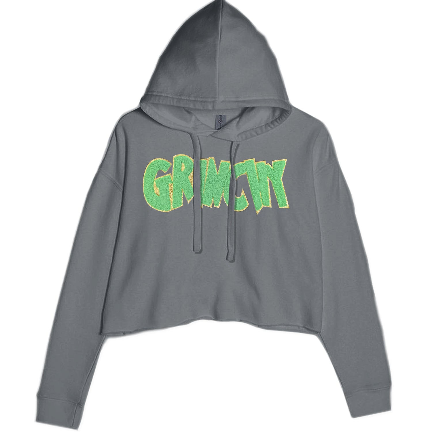 Green Gr-nchy Chenille Patch Cropped Hoodie Sweatshirt Black