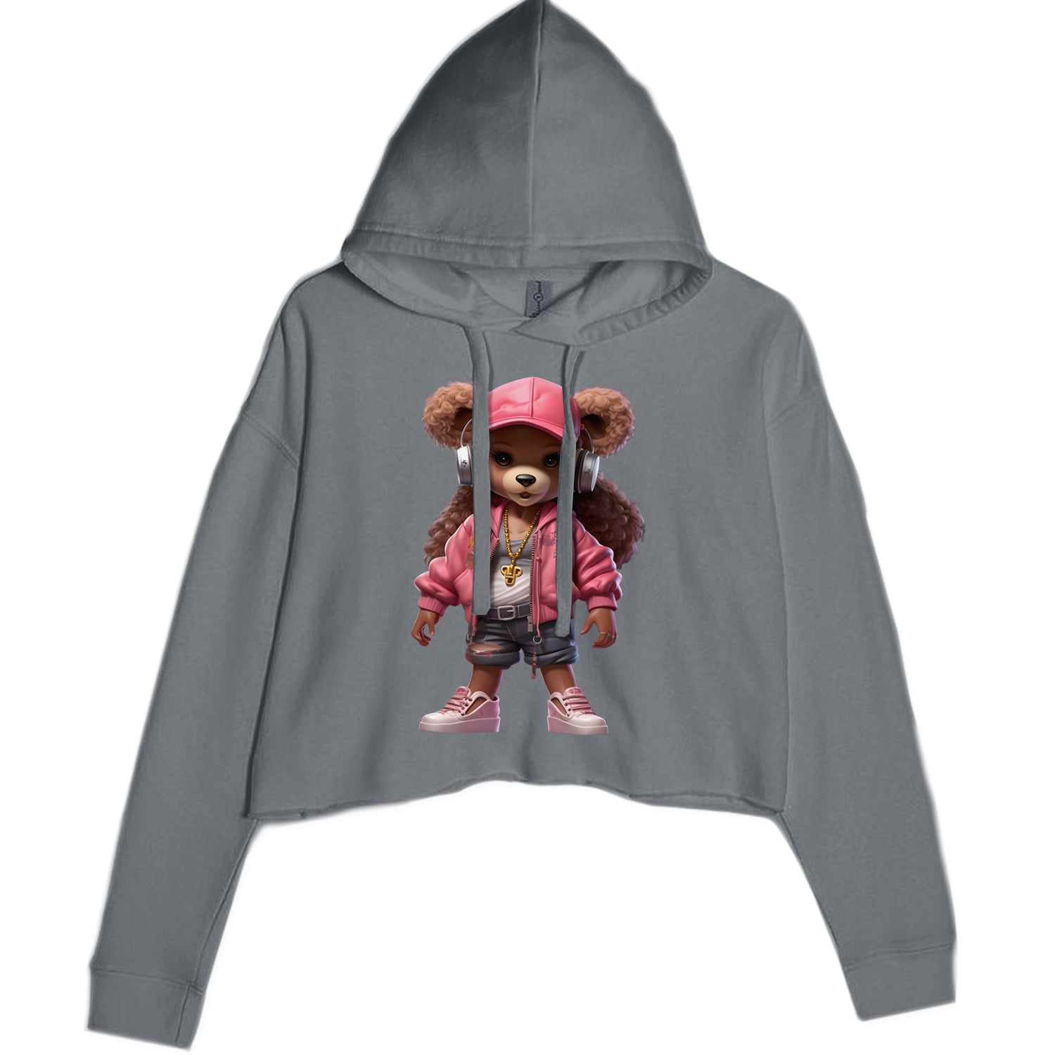 Pink Female Urban Graffiti Bear Cropped Hoodie Sweatshirt Black