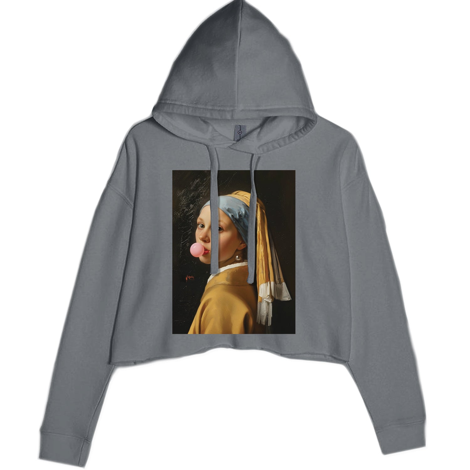 Girl with a Pearl Earring Bubble Gum Contemporary Art Cropped Hoodie Sweatshirt Charcoal Grey