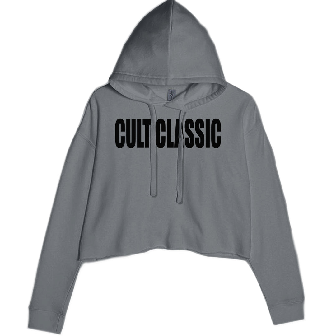 Cult Classic Pop Music Club bold typography on a women's cropped fleece hoodie with raw-edge hem and no pouch pocket