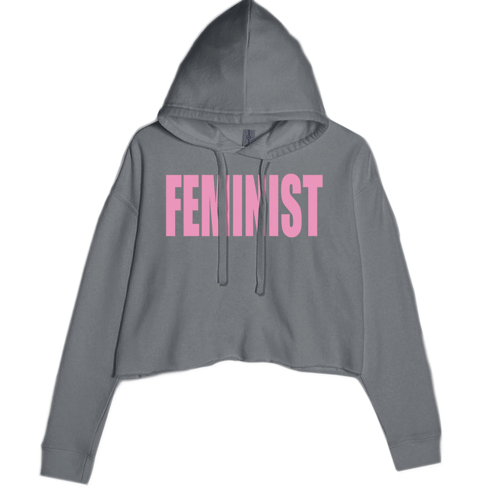 Feminist (Pink Print) Cropped Hoodie Sweatshirt Charcoal Grey