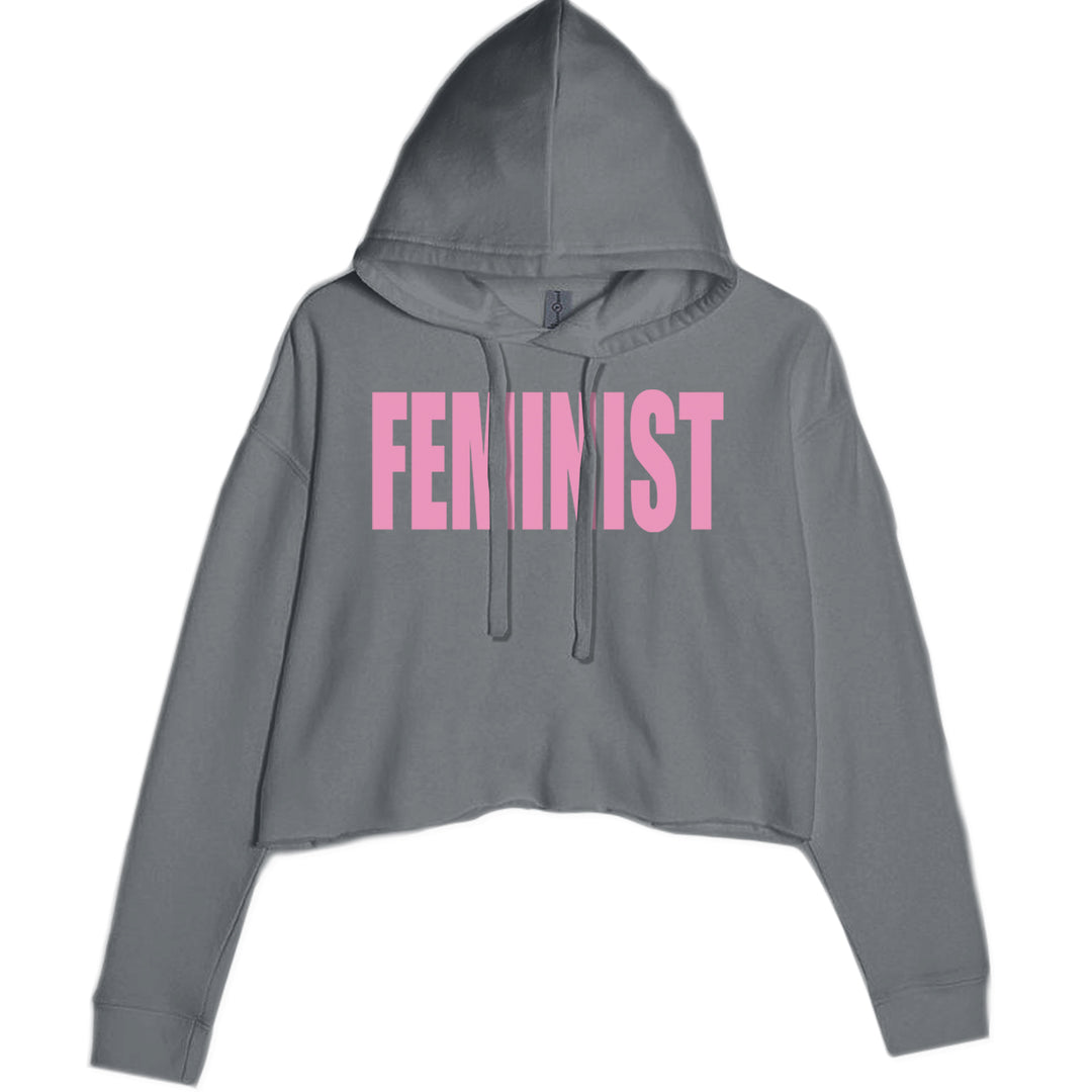 Feminist (Pink Print) Cropped Hoodie Sweatshirt Charcoal Grey