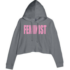 Feminist (Pink Print) Cropped Hoodie Sweatshirt Charcoal Grey
