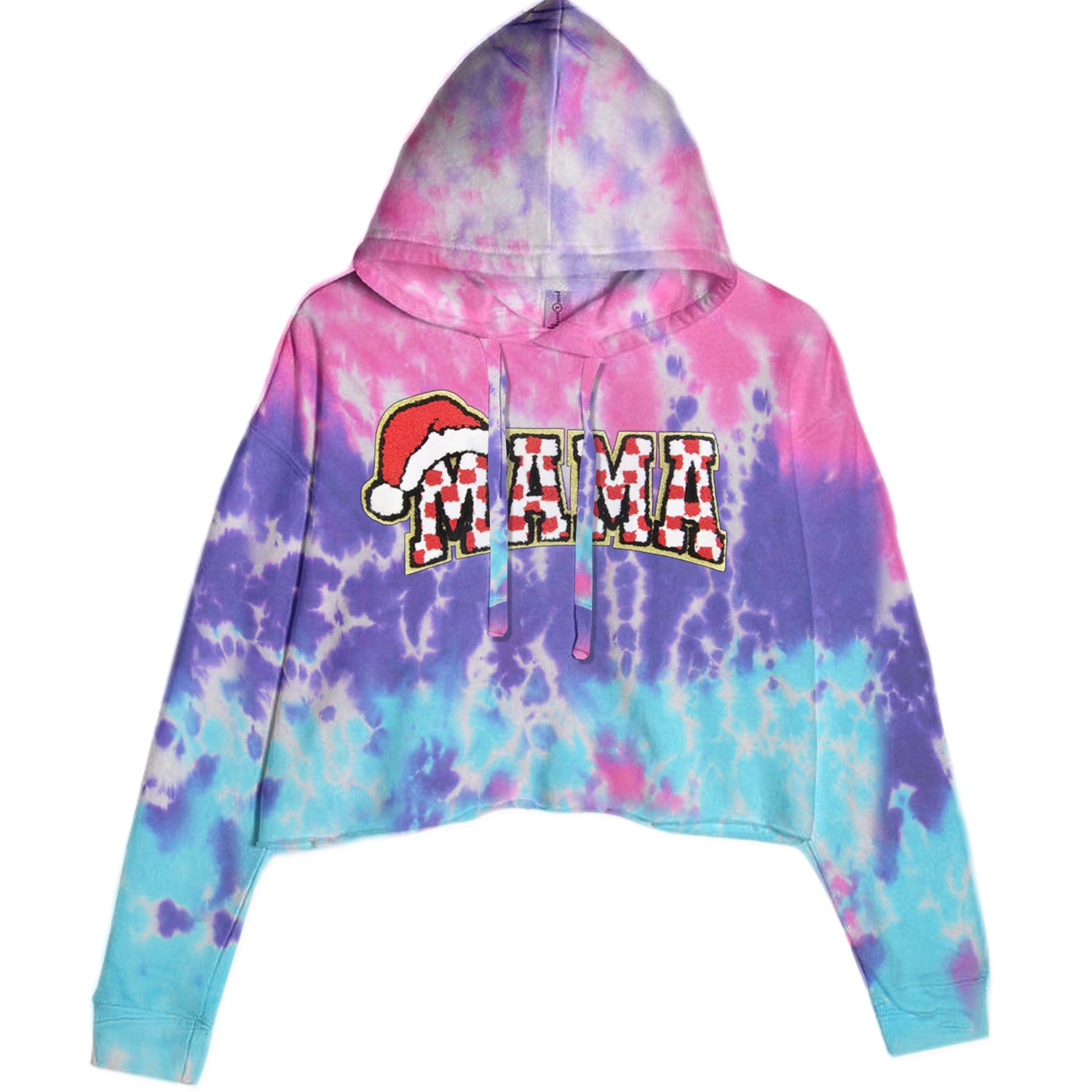 Mama Santa Hat Chenille Patch Cropped Hoodie Sweatshirt Cotton Candy