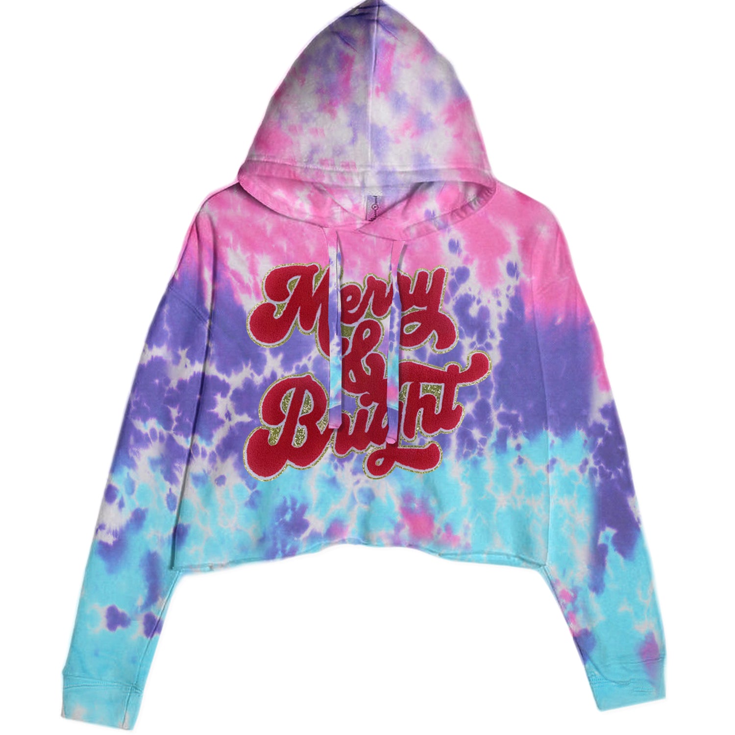 Merry & Bright Chenille Glitter Cropped Hoodie Sweatshirt Cotton Candy