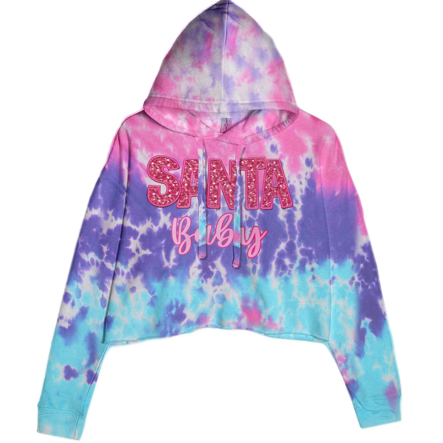 Santa Baby Faux Patch and Sequins Cropped Hoodie Sweatshirt Cotton Candy