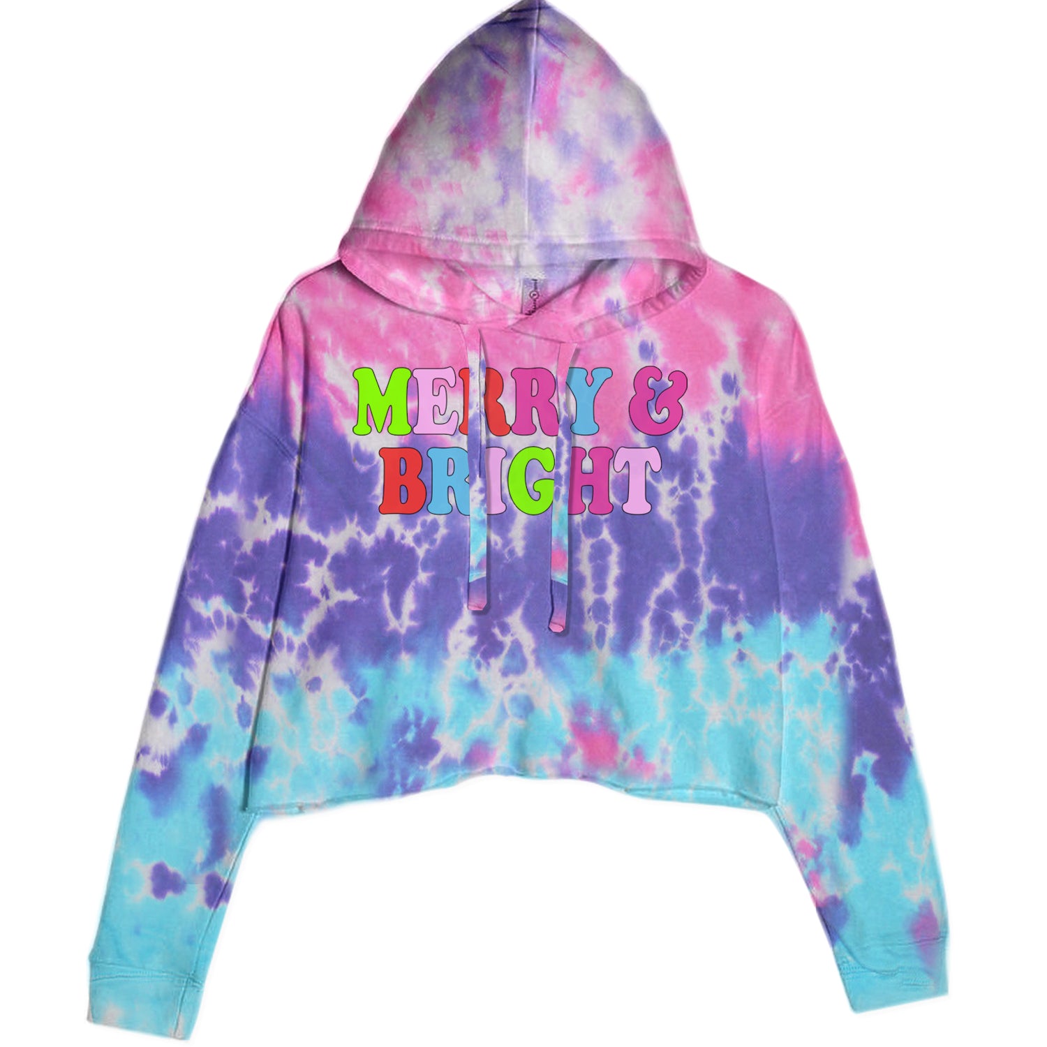 Merry and Bright Festive Christmas Holiday Cropped Hoodie Sweatshirt Cotton Candy