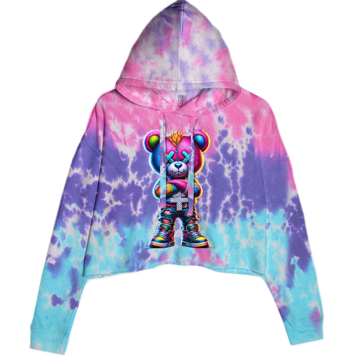 Stitched Neon Urban Graffiti Bear Cropped Hoodie Sweatshirt Cotton Candy