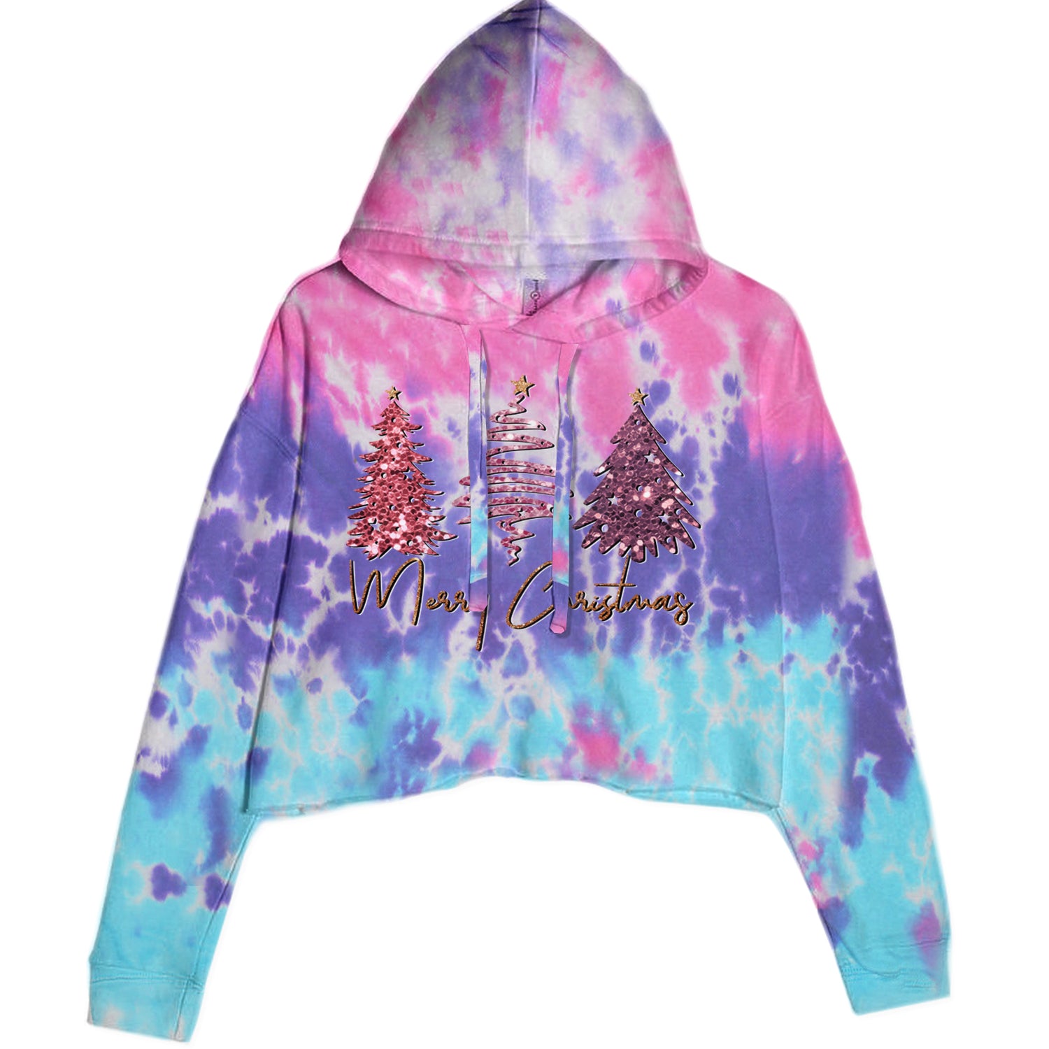 Merry Christmas Faux Glitter Trees Cropped Hoodie Sweatshirt Cotton Candy