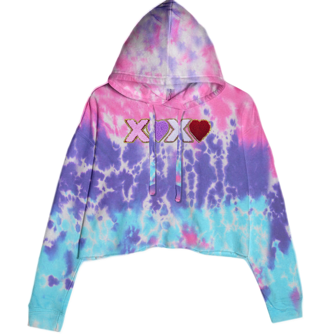 XOXO Chenille Patch Valentines Days Cropped Hoodie Sweatshirt Cotton Candy