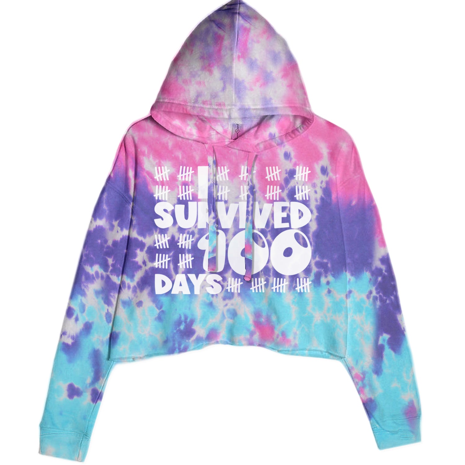 I Survived 100 Days Tally Marks Cropped Hoodie Sweatshirt Cotton Candy