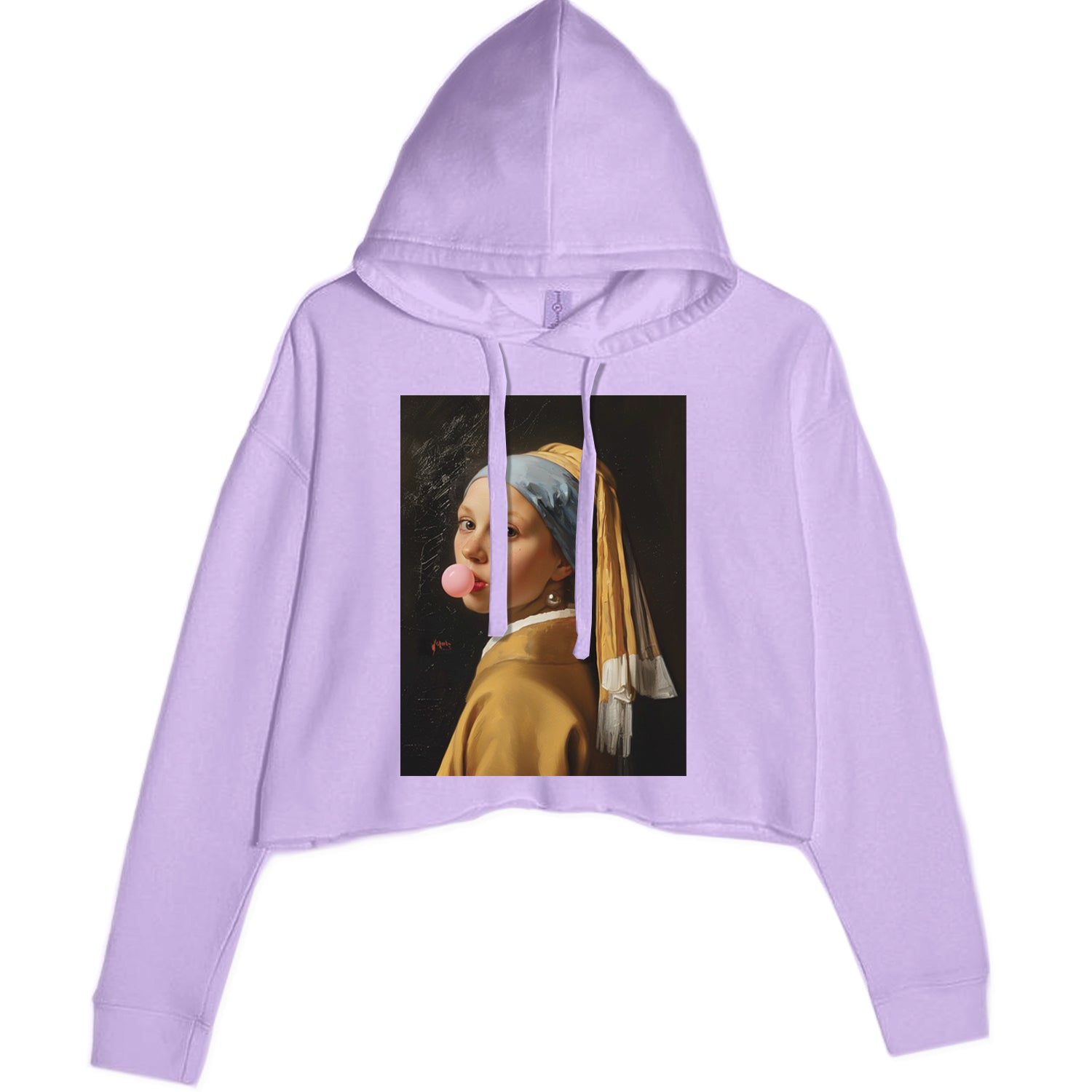 Girl with a Pearl Earring Bubble Gum Contemporary Art Cropped Hoodie Sweatshirt Lavender