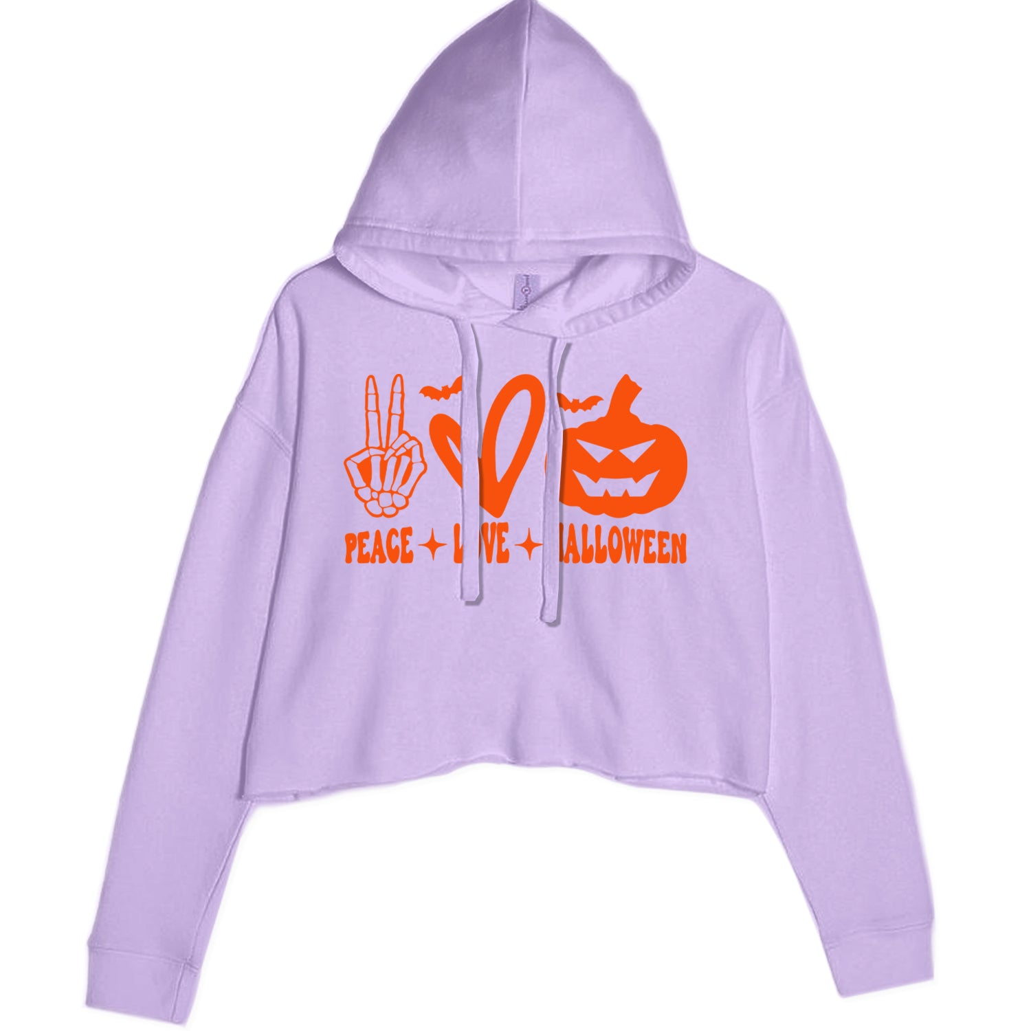 Peace, Love and Halloween Cropped Hoodie Sweatshirt Lavender