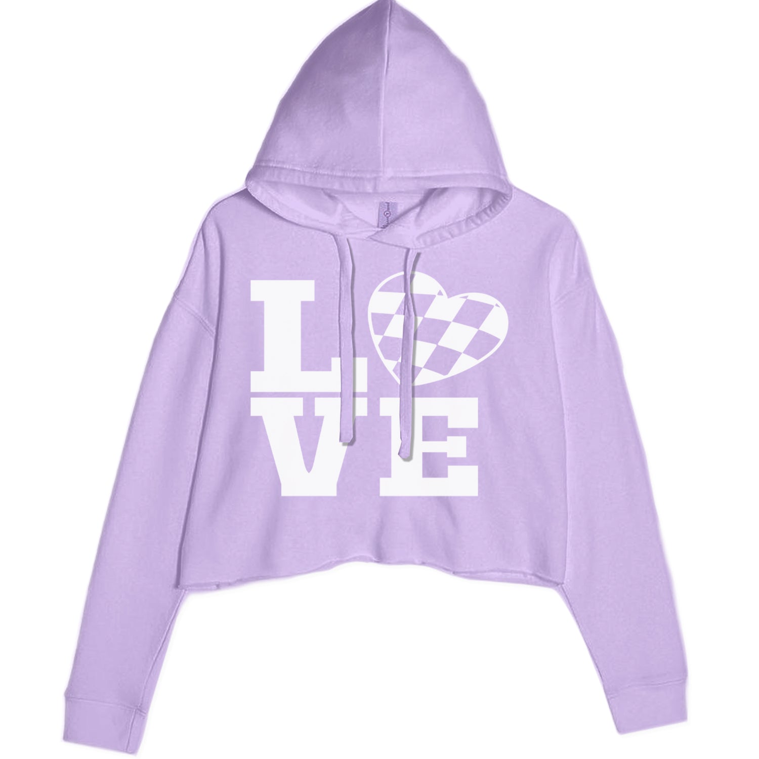 Love Racing Checkered Flag Heart Cropped Hoodie Sweatshirt Lavender