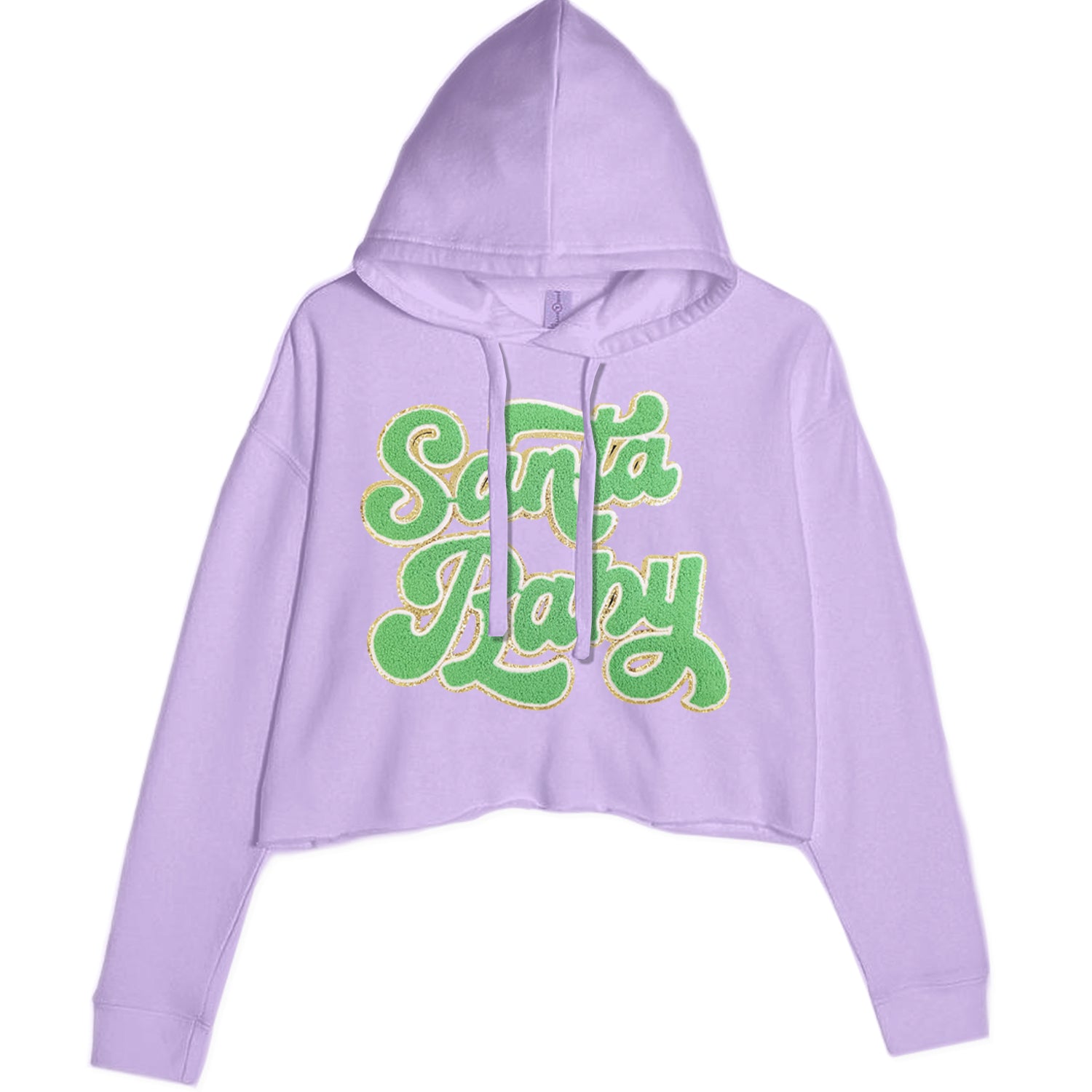 Green Santa Baby Chenille Patch Cropped Hoodie Sweatshirt Lavender