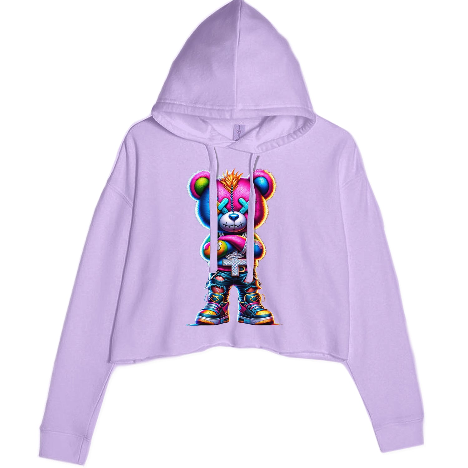 Stitched Neon Urban Graffiti Bear Cropped Hoodie Sweatshirt Lavender